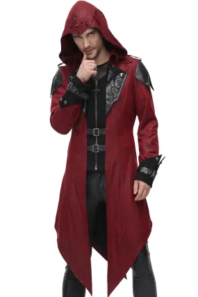 Gothic Vintage Long Red Men's Coat / Steampunk Medieval Hooded Overcoat