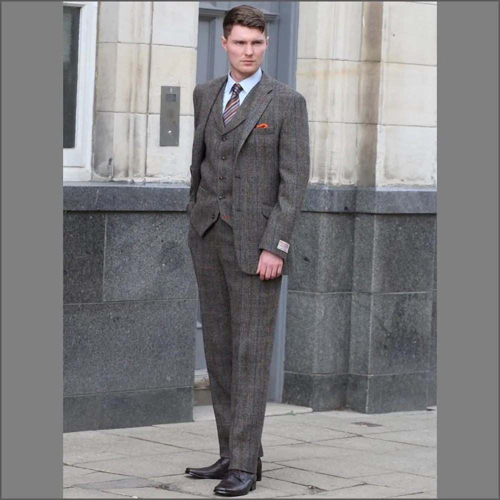 Harris Tweed Brown, Blue, Herringbone 3pc Suit>