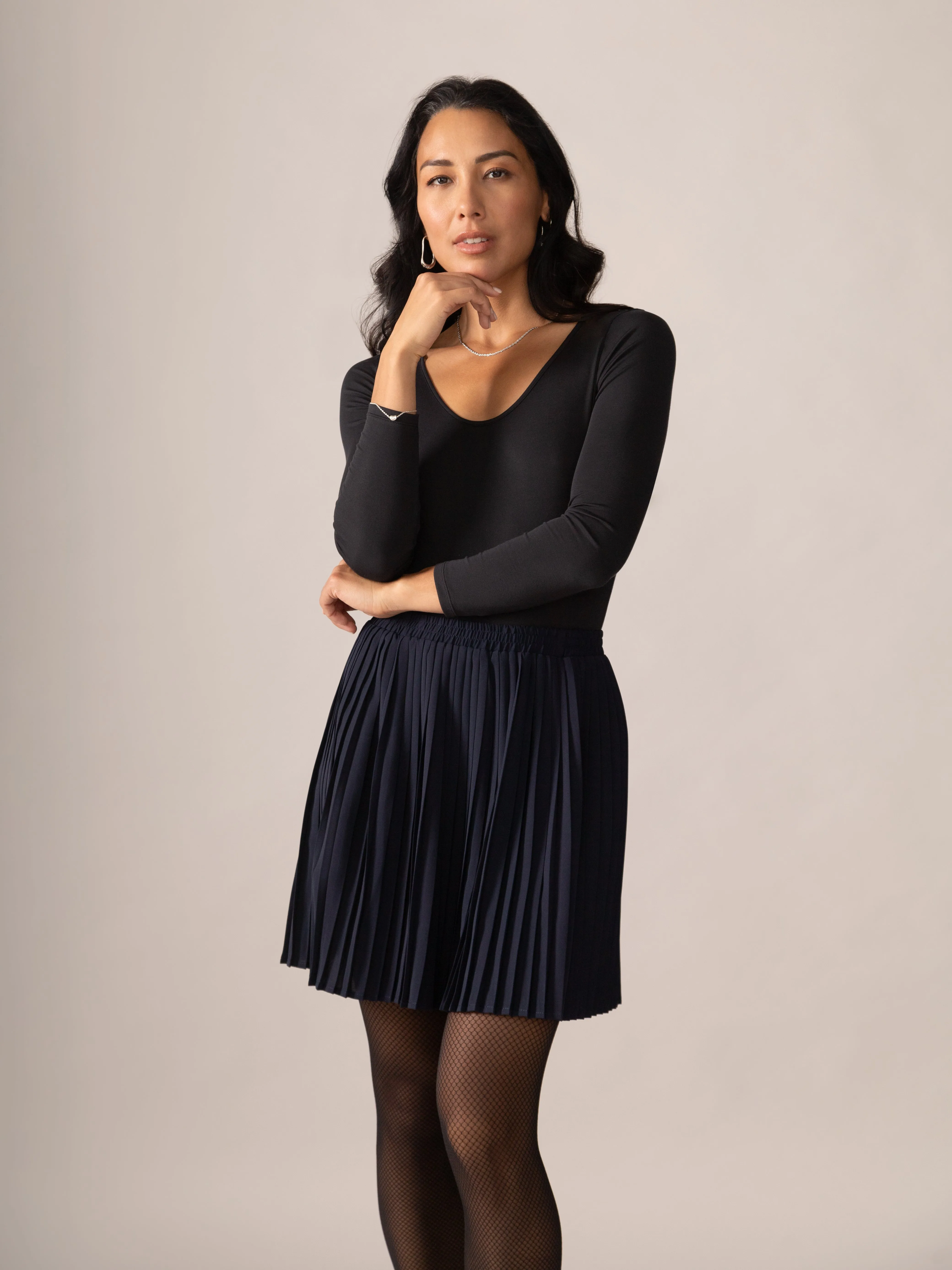 Hazel Pleated OTK Skirt in Midnight Blue