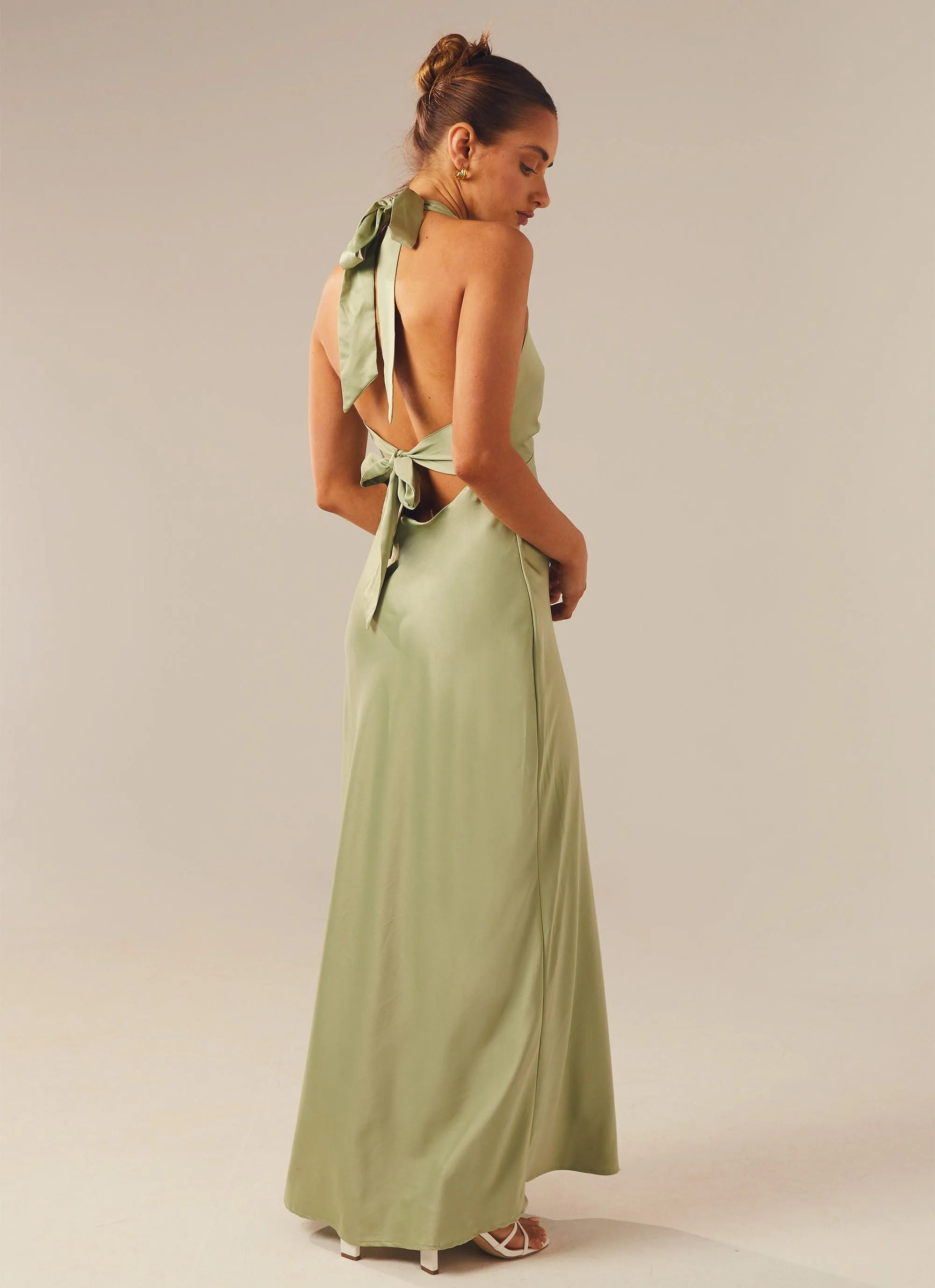 Heavy Hearted Satin Maxi Dress - Sage