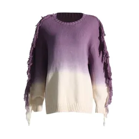 Hit Color Casual Sweaters For Women Round Neck Long Sleeve Patchwork Tassel Chic Sweater Female Fashion Clothing