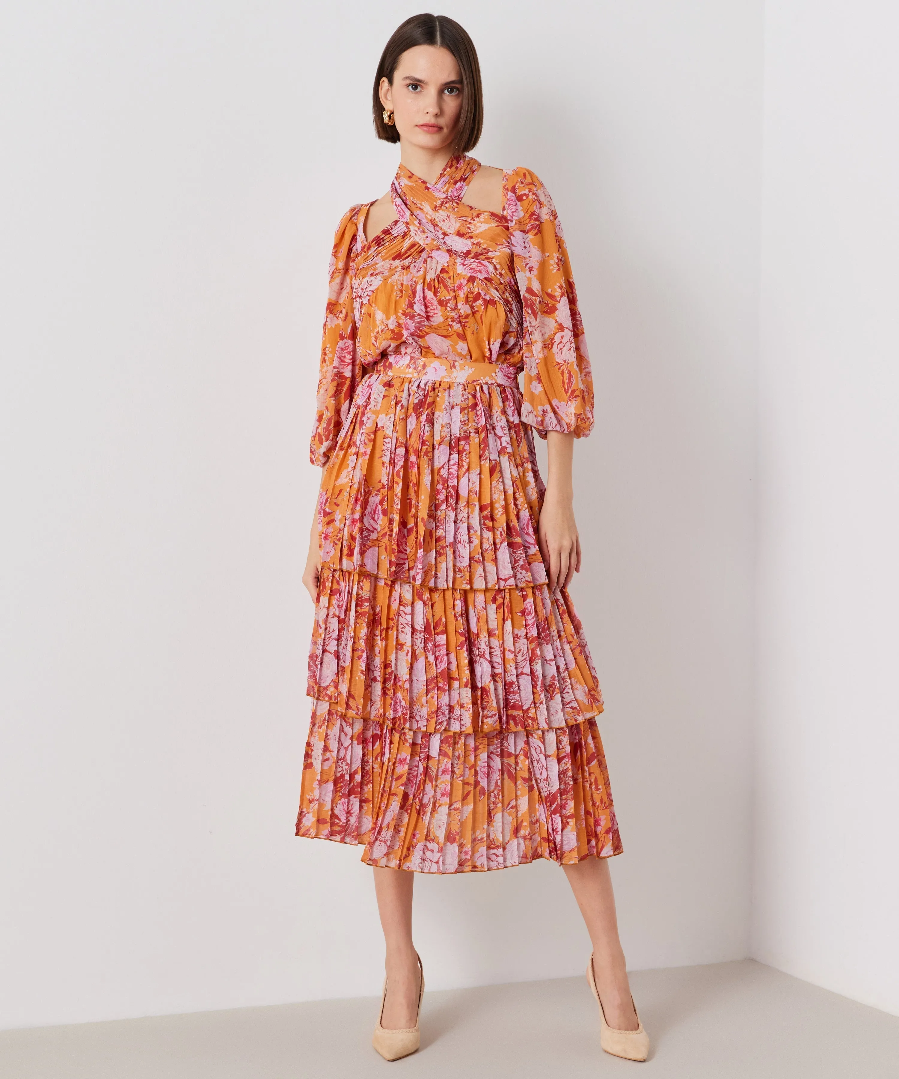 Ipekyol Floral Layered Midi Skirt Orange