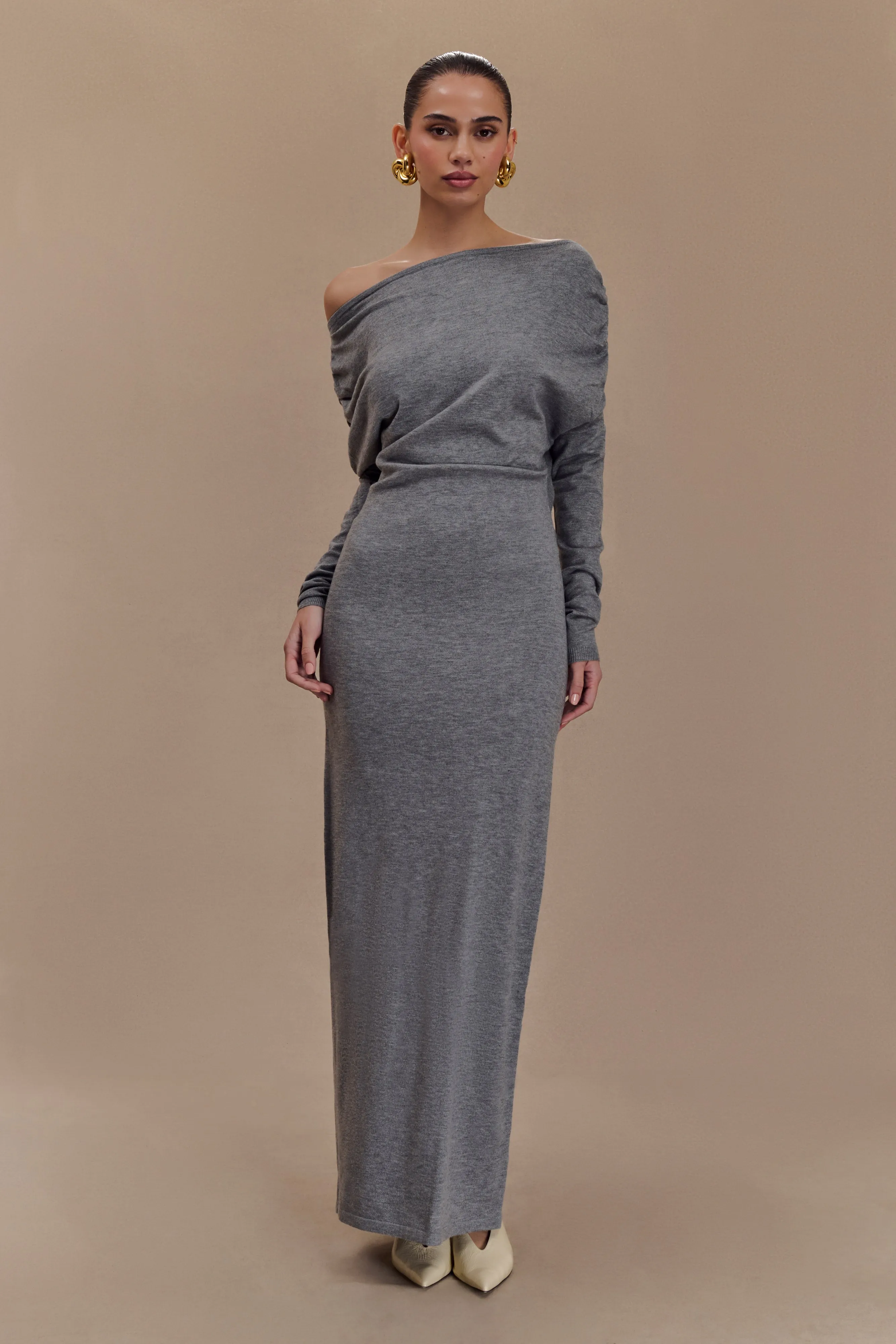 Jessie Cowl Neck Knit Midi Dress - Charcoal Marle