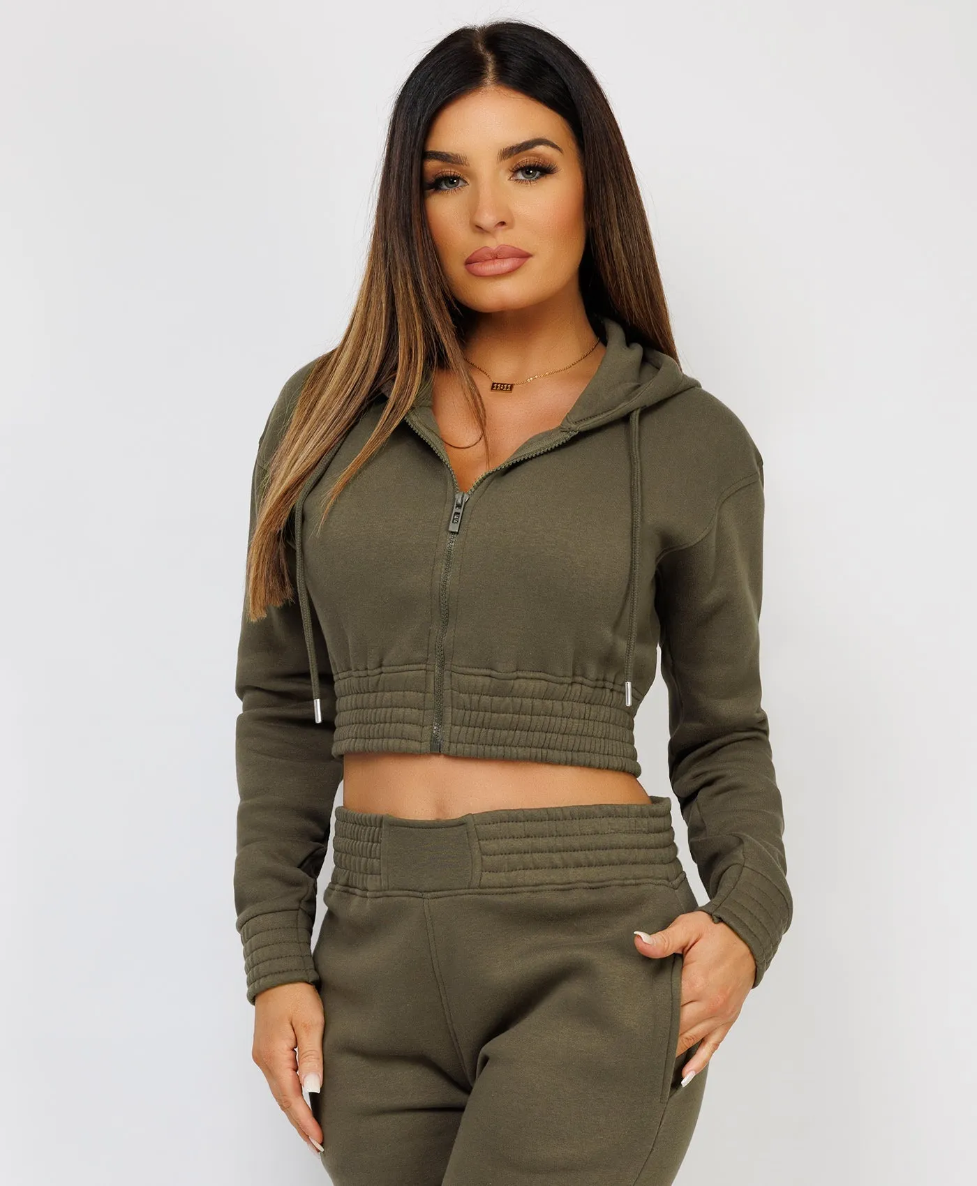 Khaki Zipped Cropped Hooded Tracksuit Loungewear Set