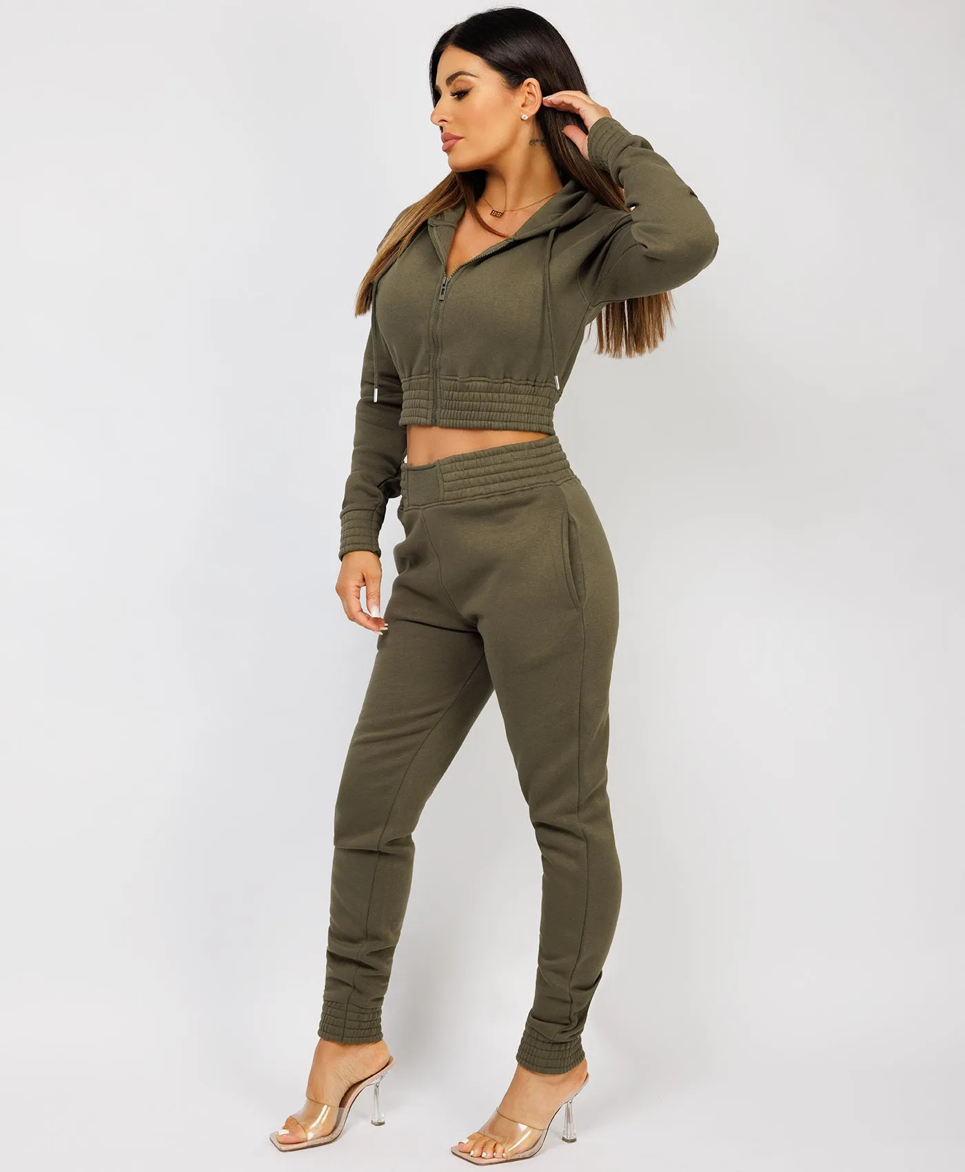 Khaki Zipped Cropped Hooded Tracksuit Loungewear Set