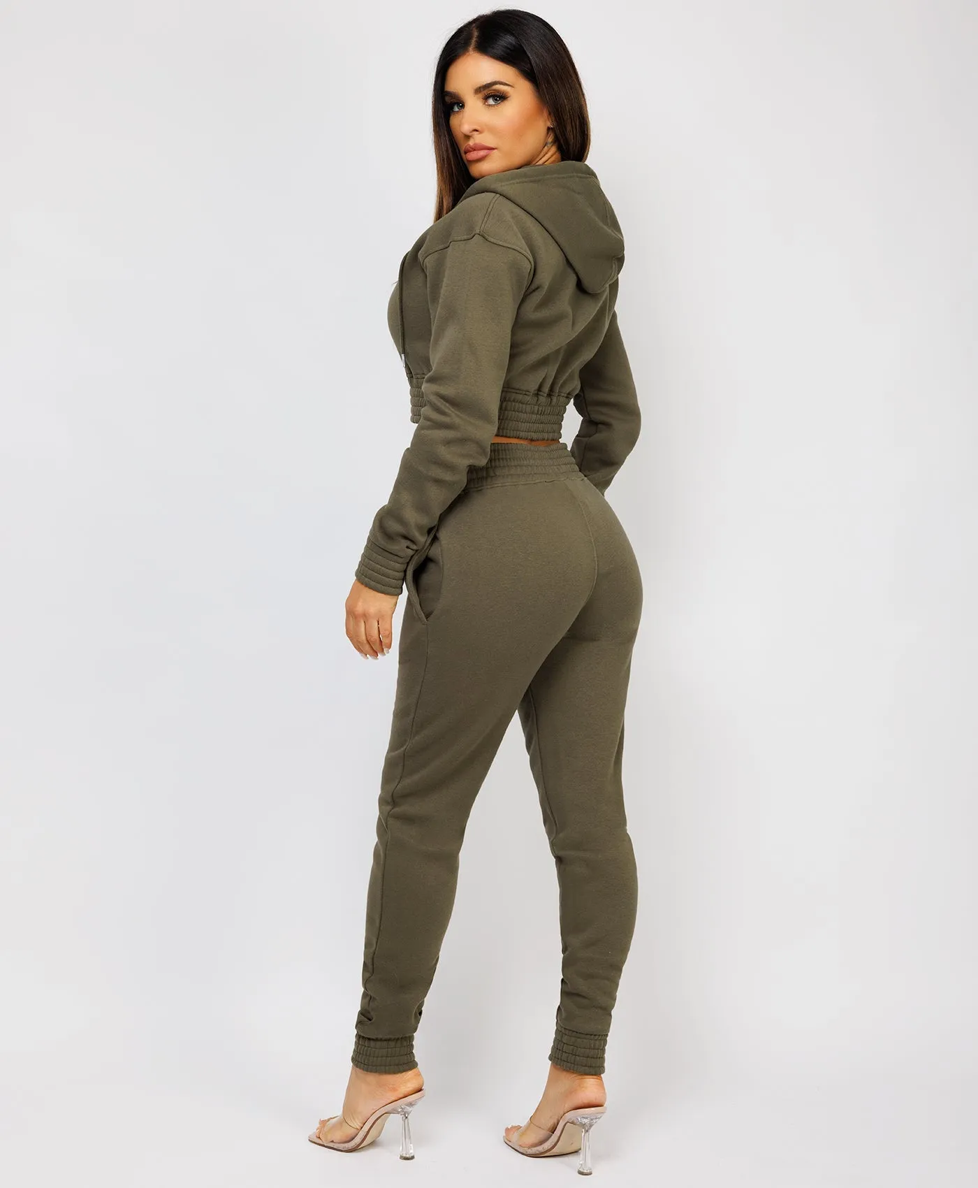 Khaki Zipped Cropped Hooded Tracksuit Loungewear Set