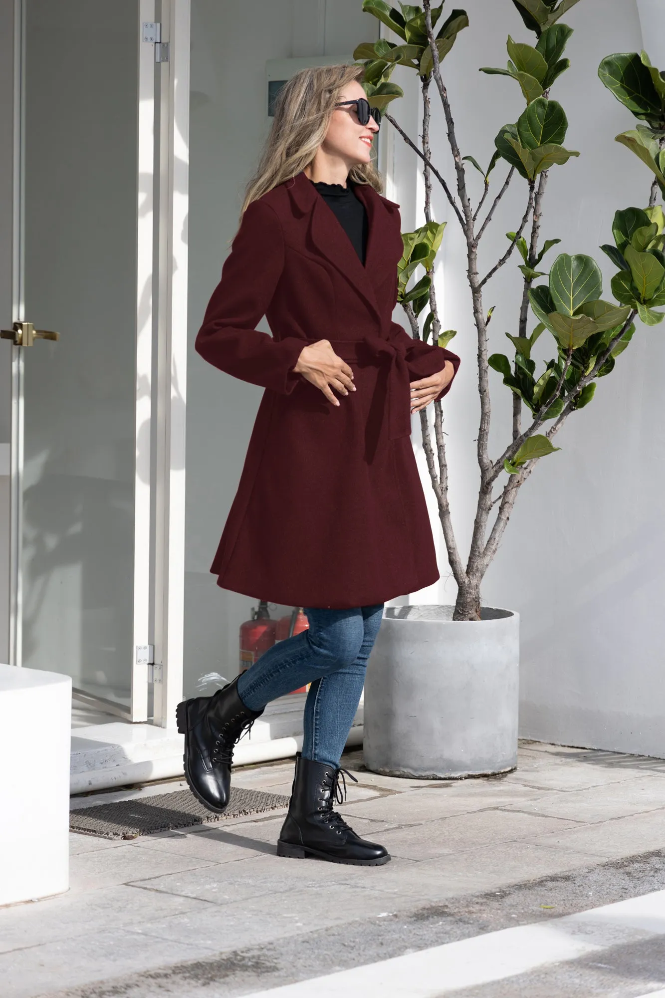 Lapel Collar Overcoat with Belt One-Button A-Line Coat