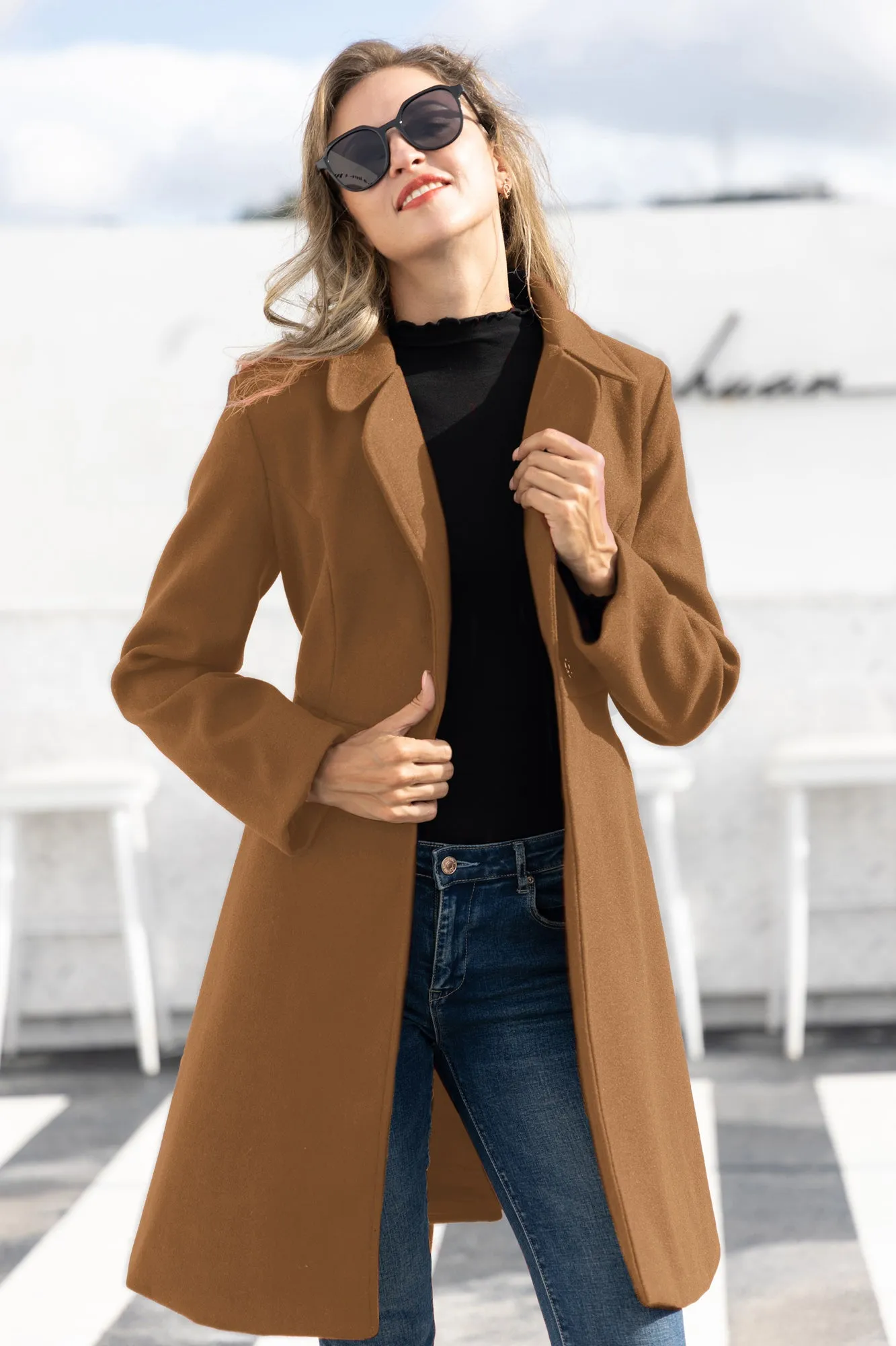 Lapel Collar Overcoat with Belt One-Button A-Line Coat