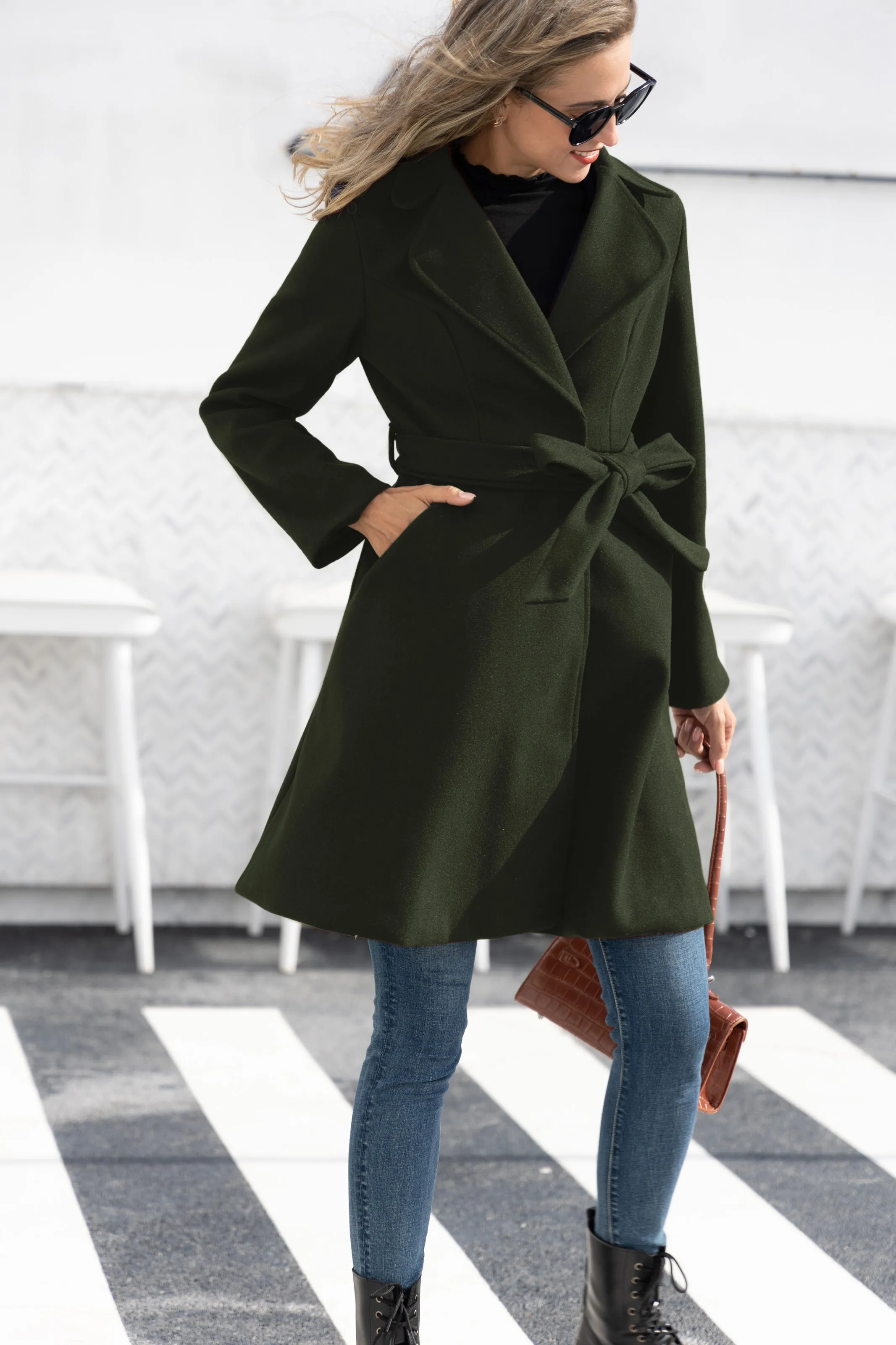 Lapel Collar Overcoat with Belt One-Button A-Line Coat