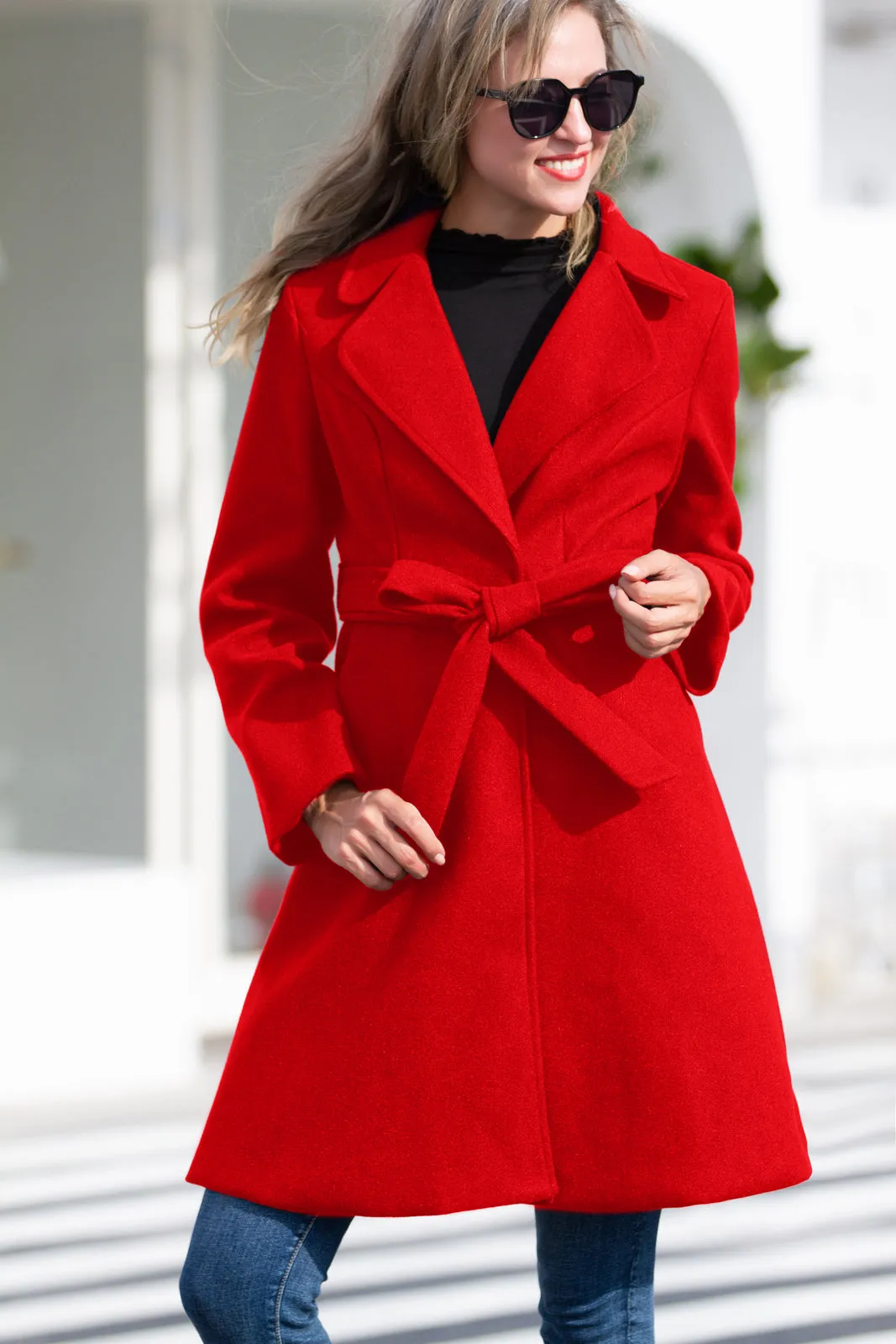 Lapel Collar Overcoat with Belt One-Button A-Line Coat