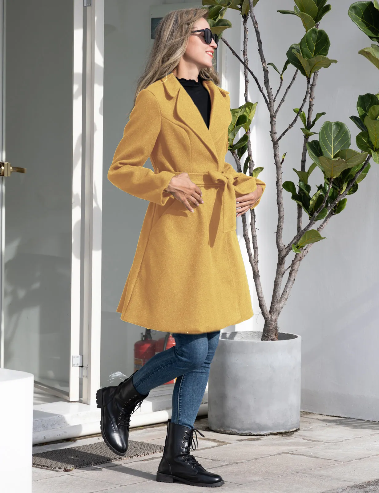 Lapel Collar Overcoat with Belt One-Button A-Line Coat