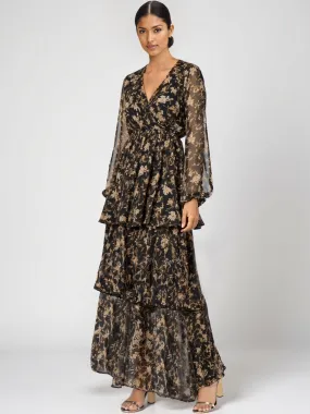 Long Sleeve Printed Ruffle Back Woven Maxi Dress