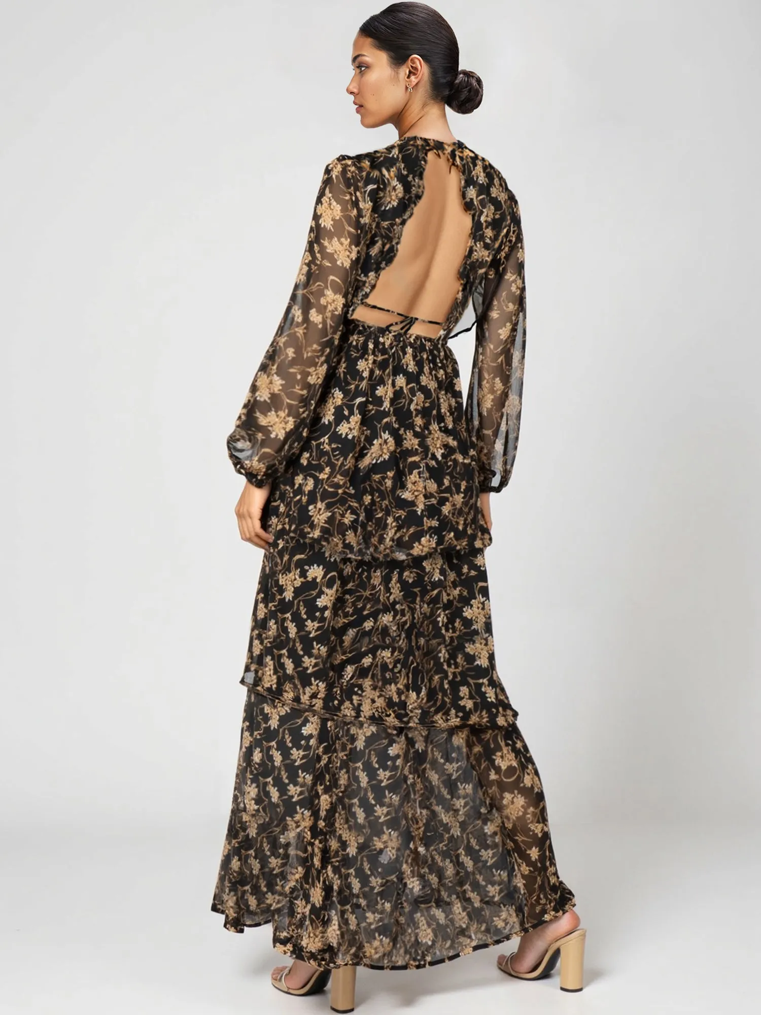 Long Sleeve Printed Ruffle Back Woven Maxi Dress