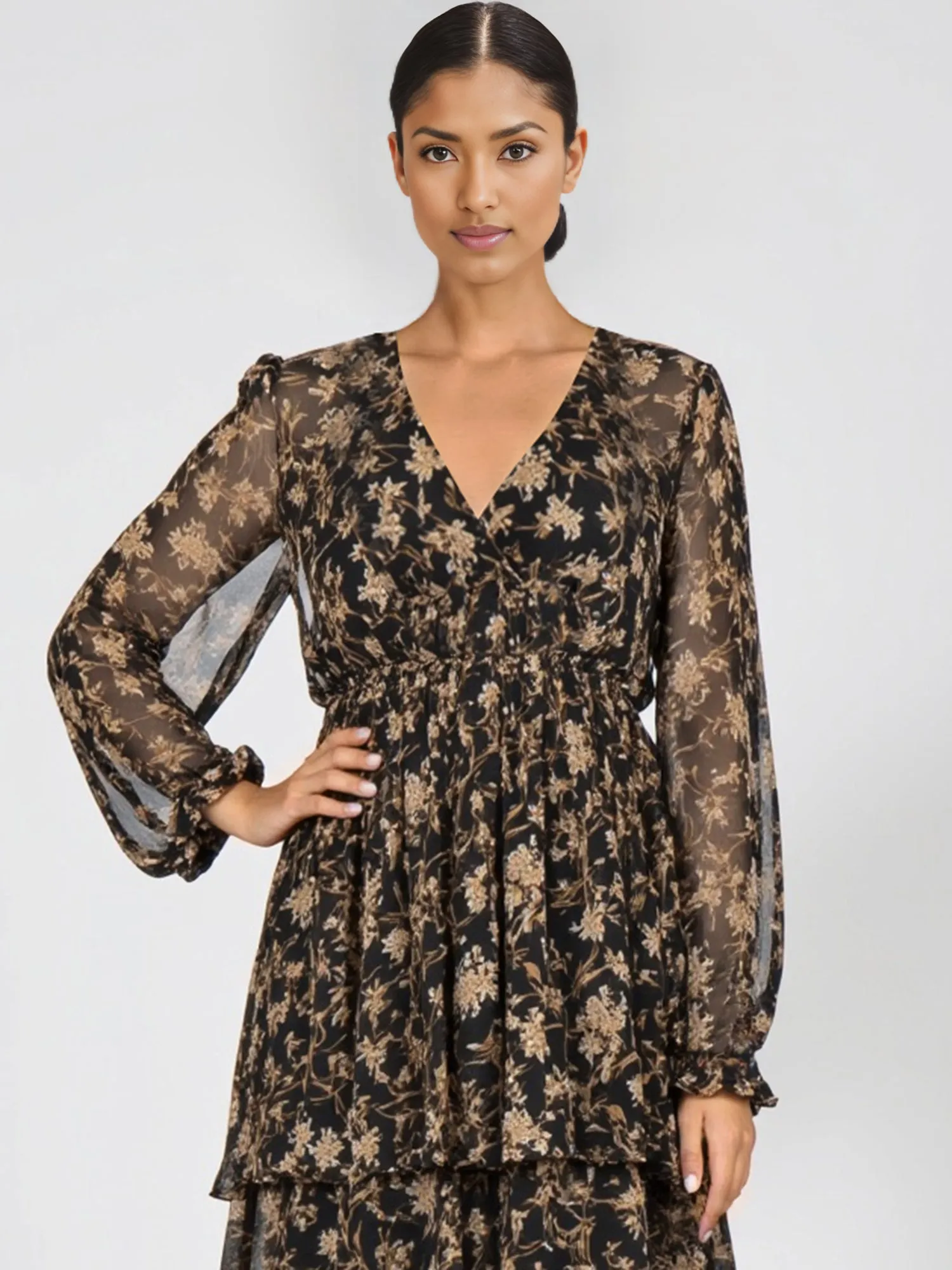 Long Sleeve Printed Ruffle Back Woven Maxi Dress