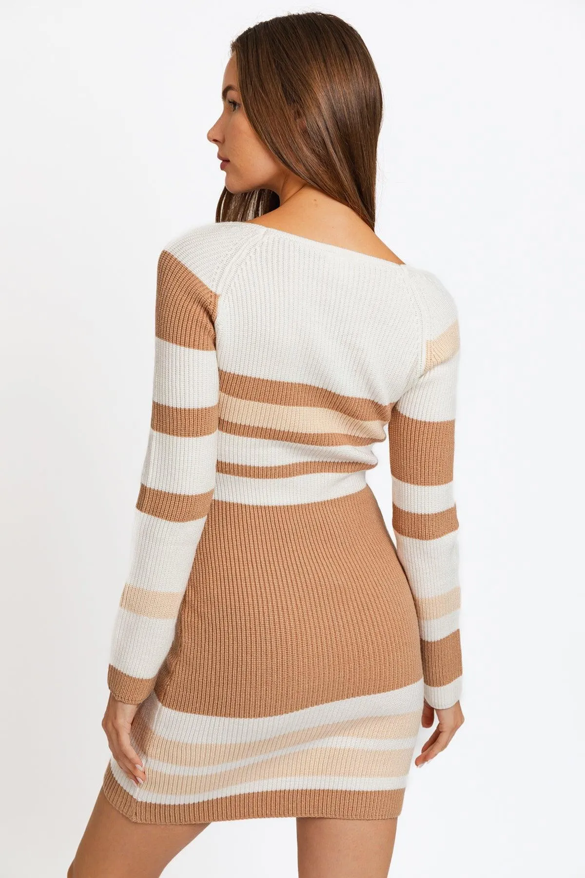 Long Sleeve Square Neck-Line Stripe Knit Dress