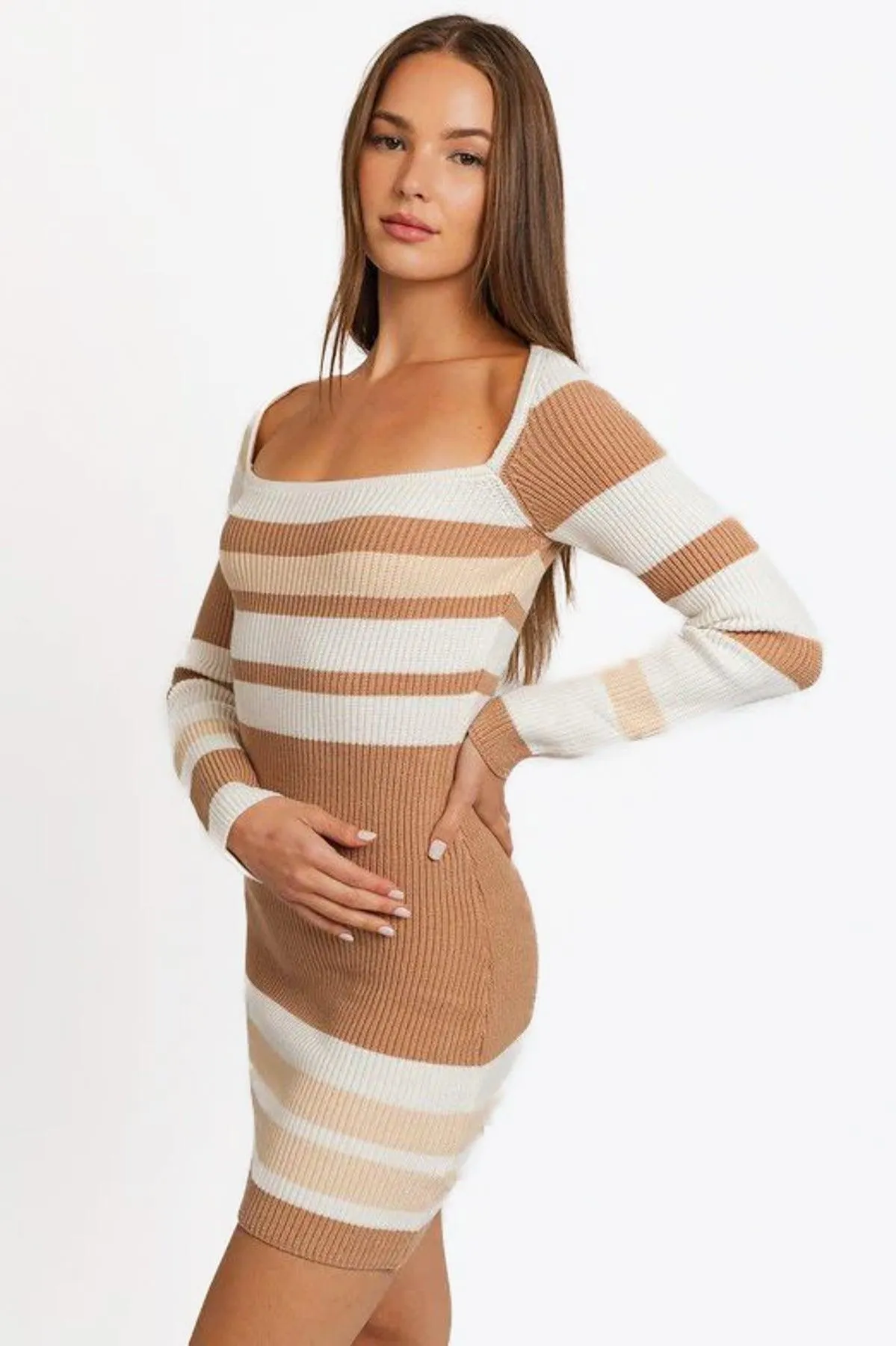 Long Sleeve Square Neck-Line Stripe Knit Dress