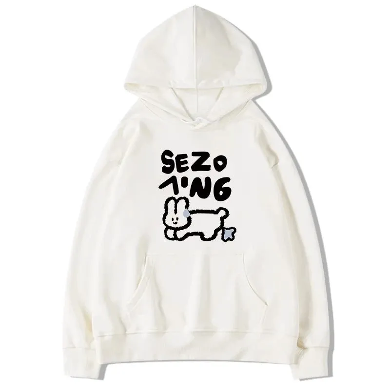 Lovely Hooded Drawstring Chicly Printing Women Hoodies High Street Simple Loose Casual Pure Color Fashion Female Hoodies