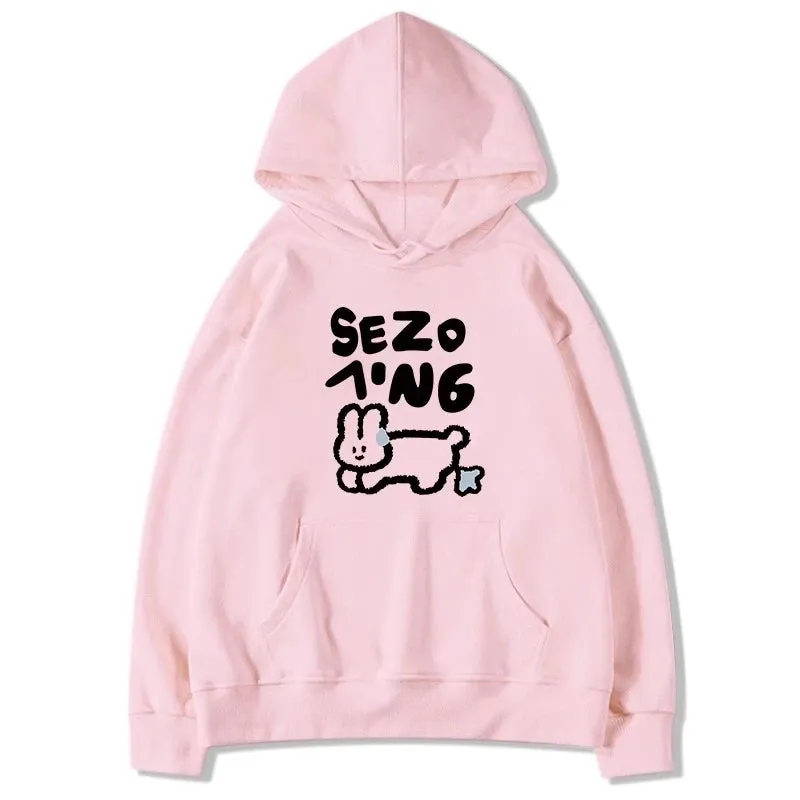 Lovely Hooded Drawstring Chicly Printing Women Hoodies High Street Simple Loose Casual Pure Color Fashion Female Hoodies