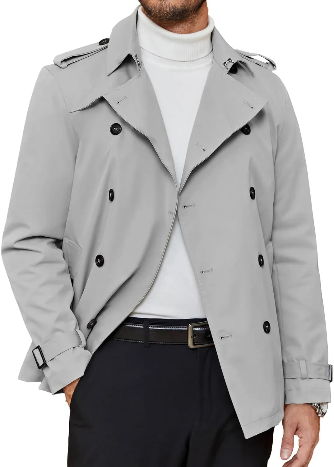 Men's Khaki Double Breasted Long Sleeve Belted Short Trench Coat