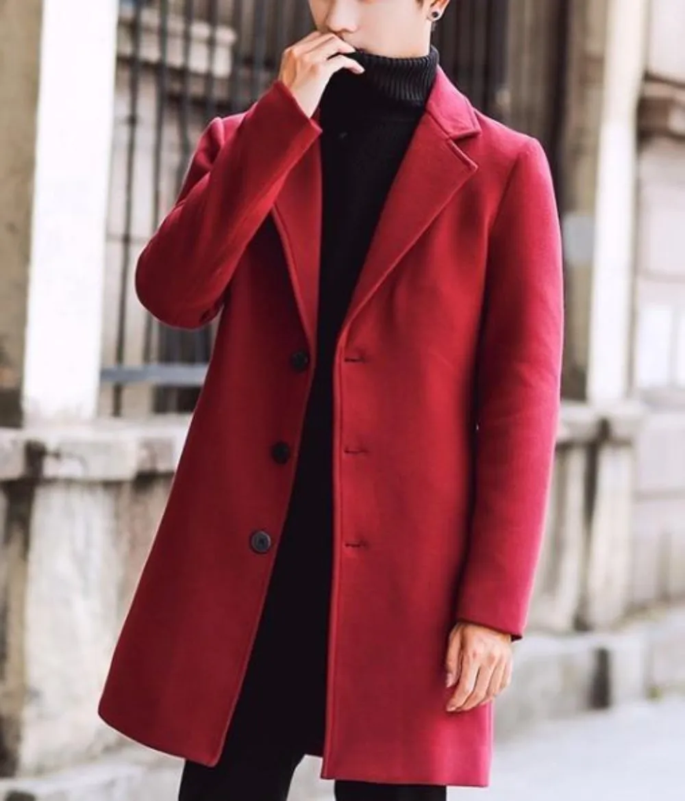 Mens Slim Fit Mid Length Overcoat in Red