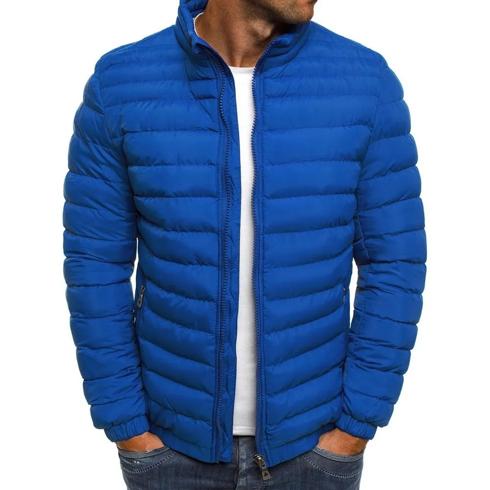 Men's Zippered Solid Color Long Sleeve Coldproof Jacket - Thicken Cotton Padded Overcoat for Autumn Outdoors