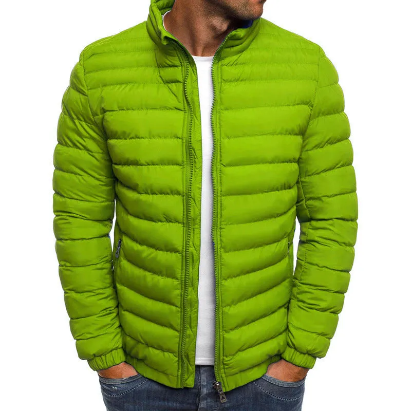 Men's Zippered Solid Color Long Sleeve Coldproof Jacket - Thicken Cotton Padded Overcoat for Autumn Outdoors