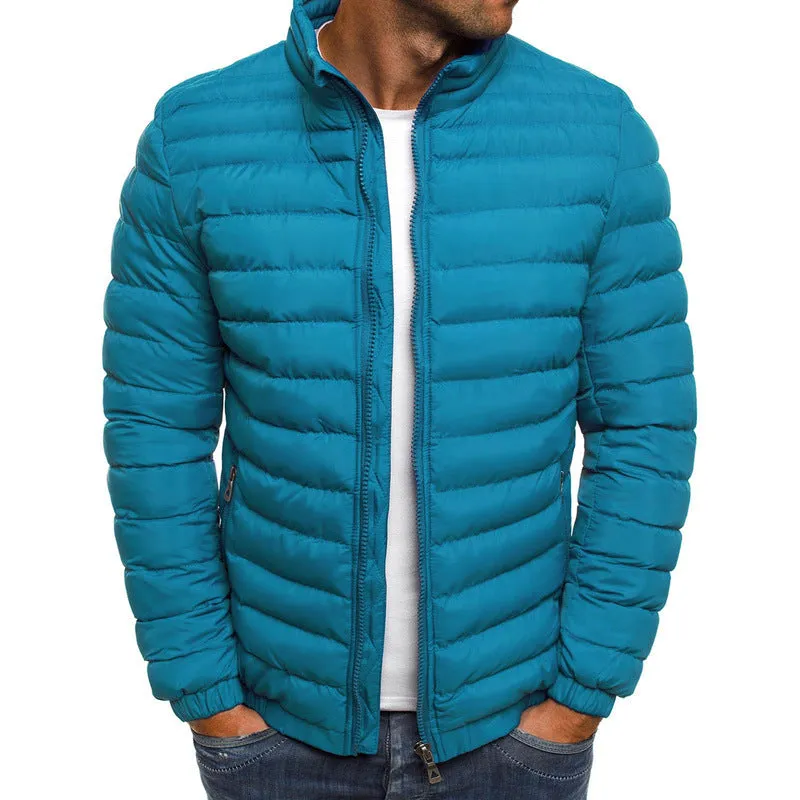 Men's Zippered Solid Color Long Sleeve Coldproof Jacket - Thicken Cotton Padded Overcoat for Autumn Outdoors