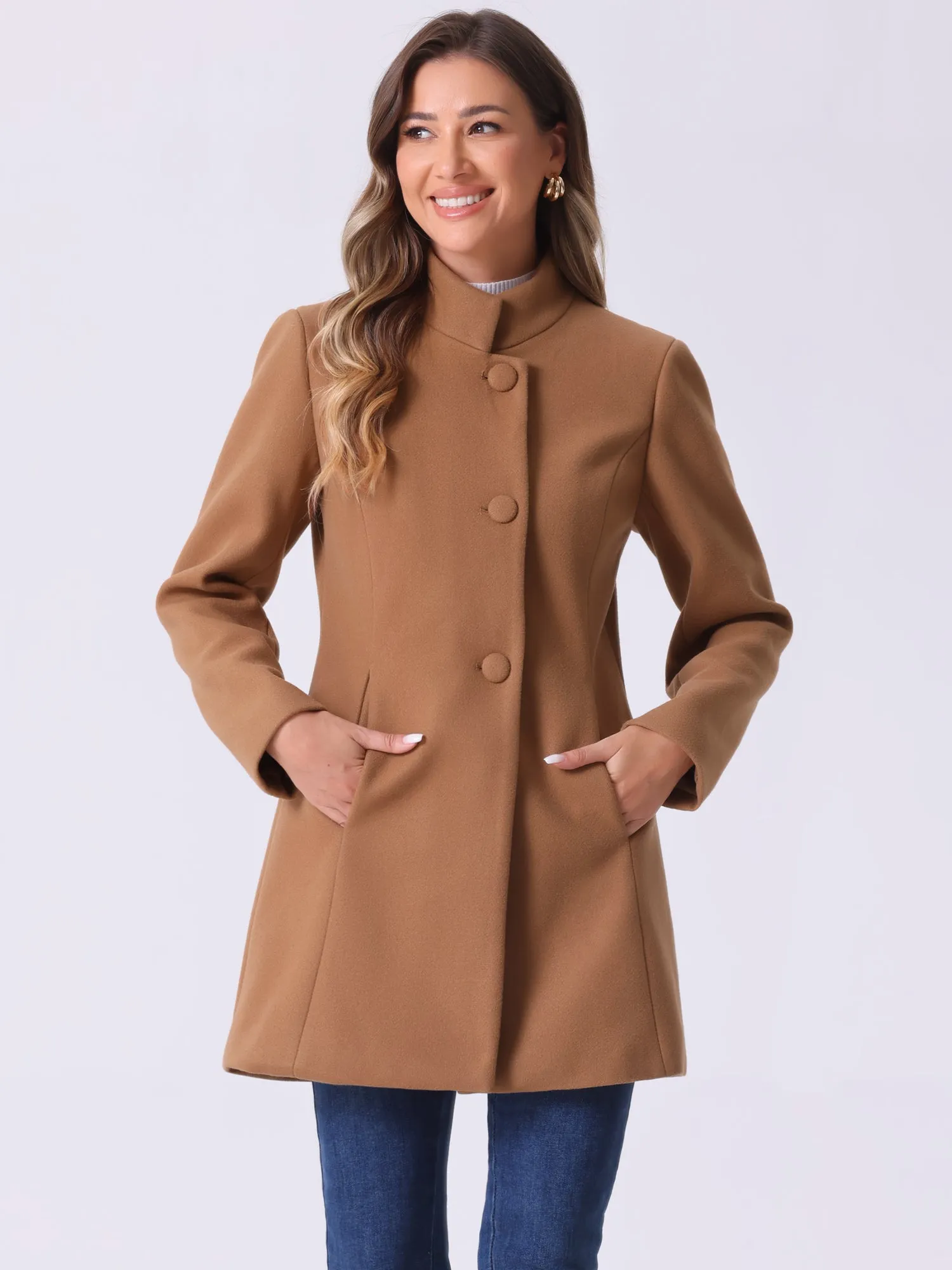 Mid-thigh Stand Collar Single Breasted Long Coat