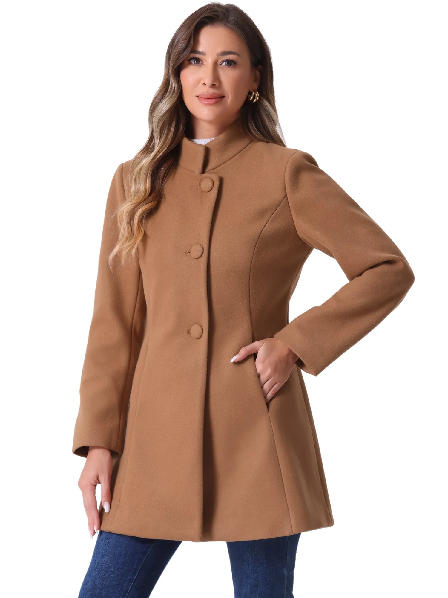 Mid-thigh Stand Collar Single Breasted Long Coat