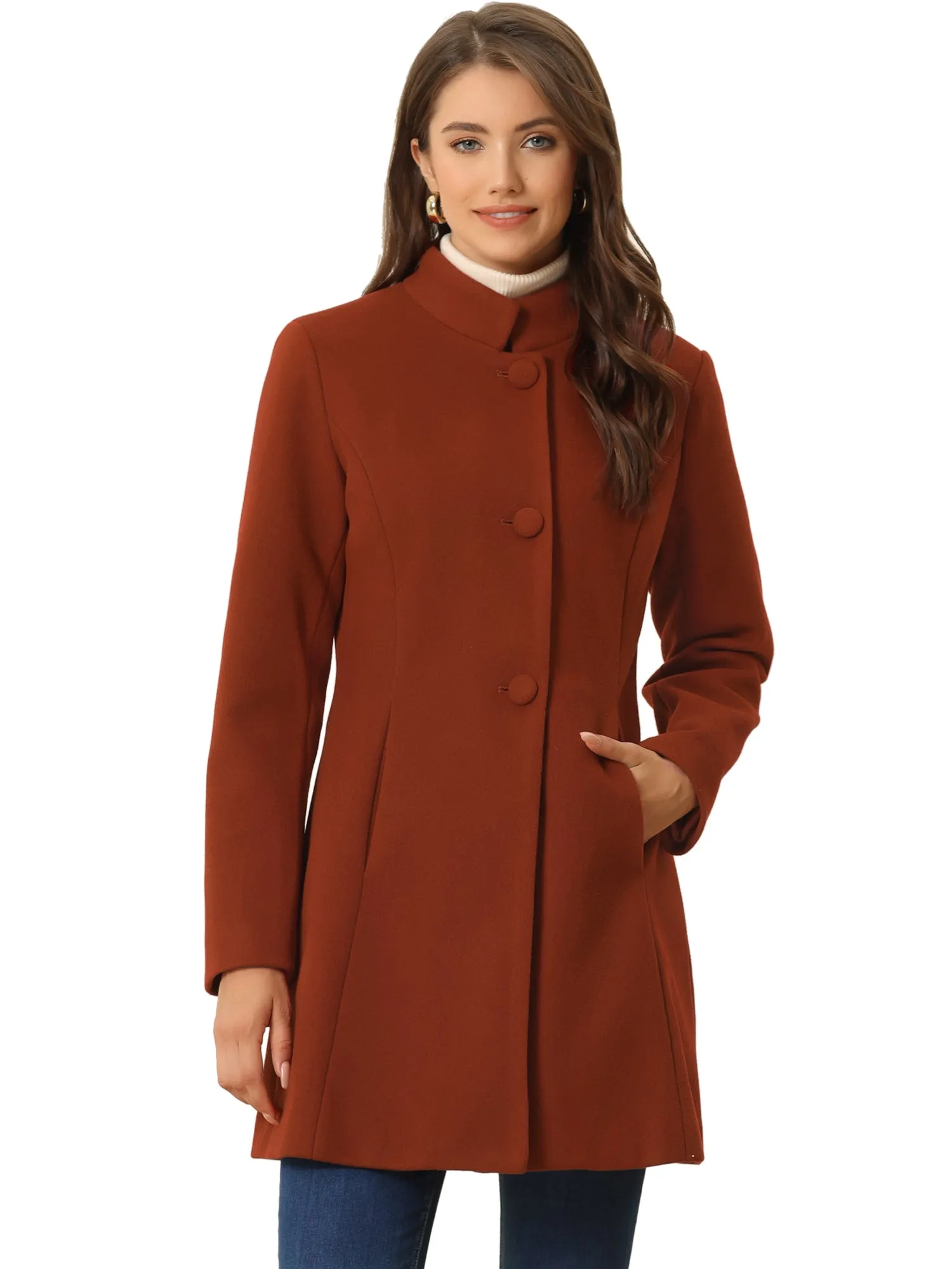 Mid-thigh Stand Collar Single Breasted Long Coat