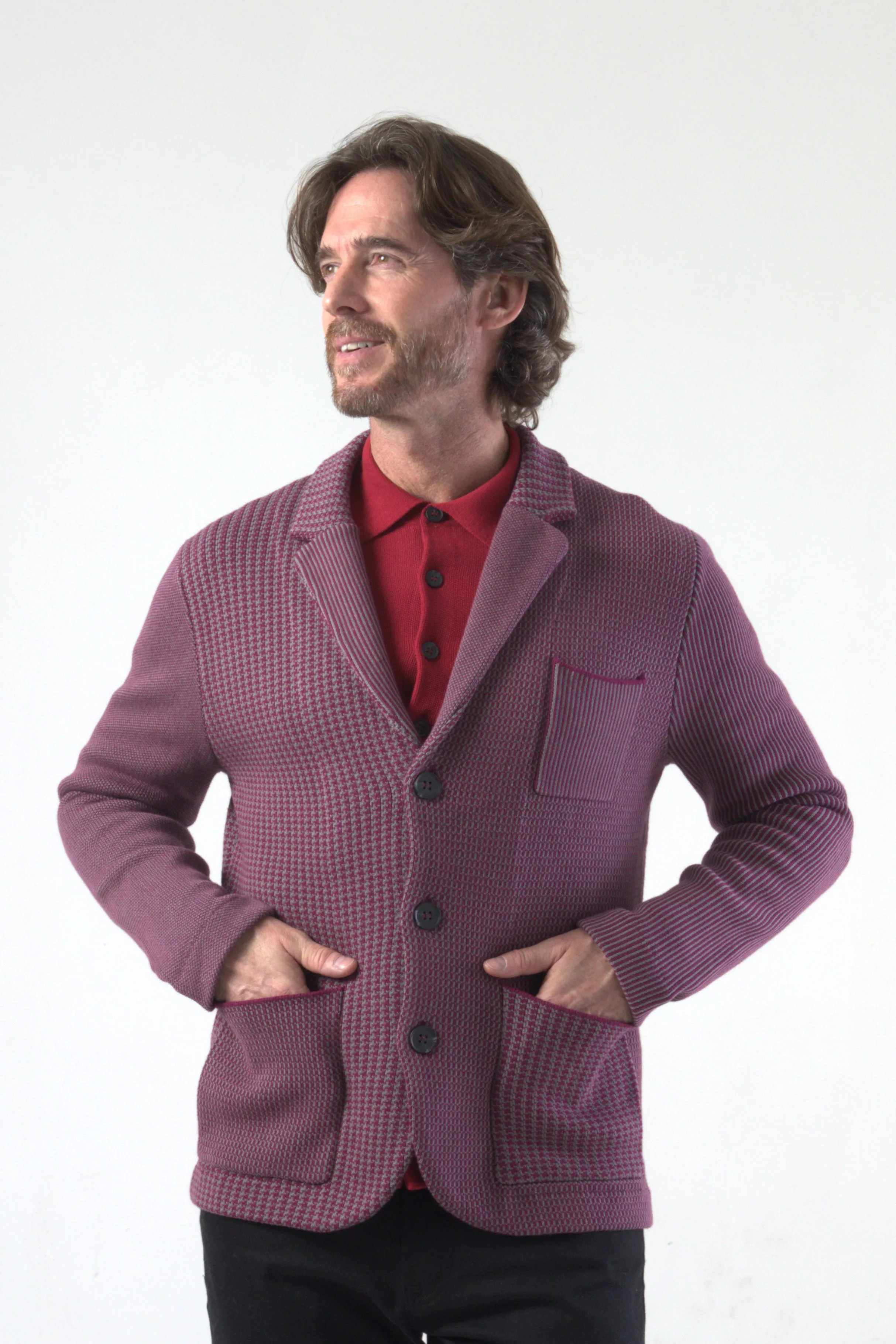 Multi Houndstooth Pattern Jacquard Knit Blazer