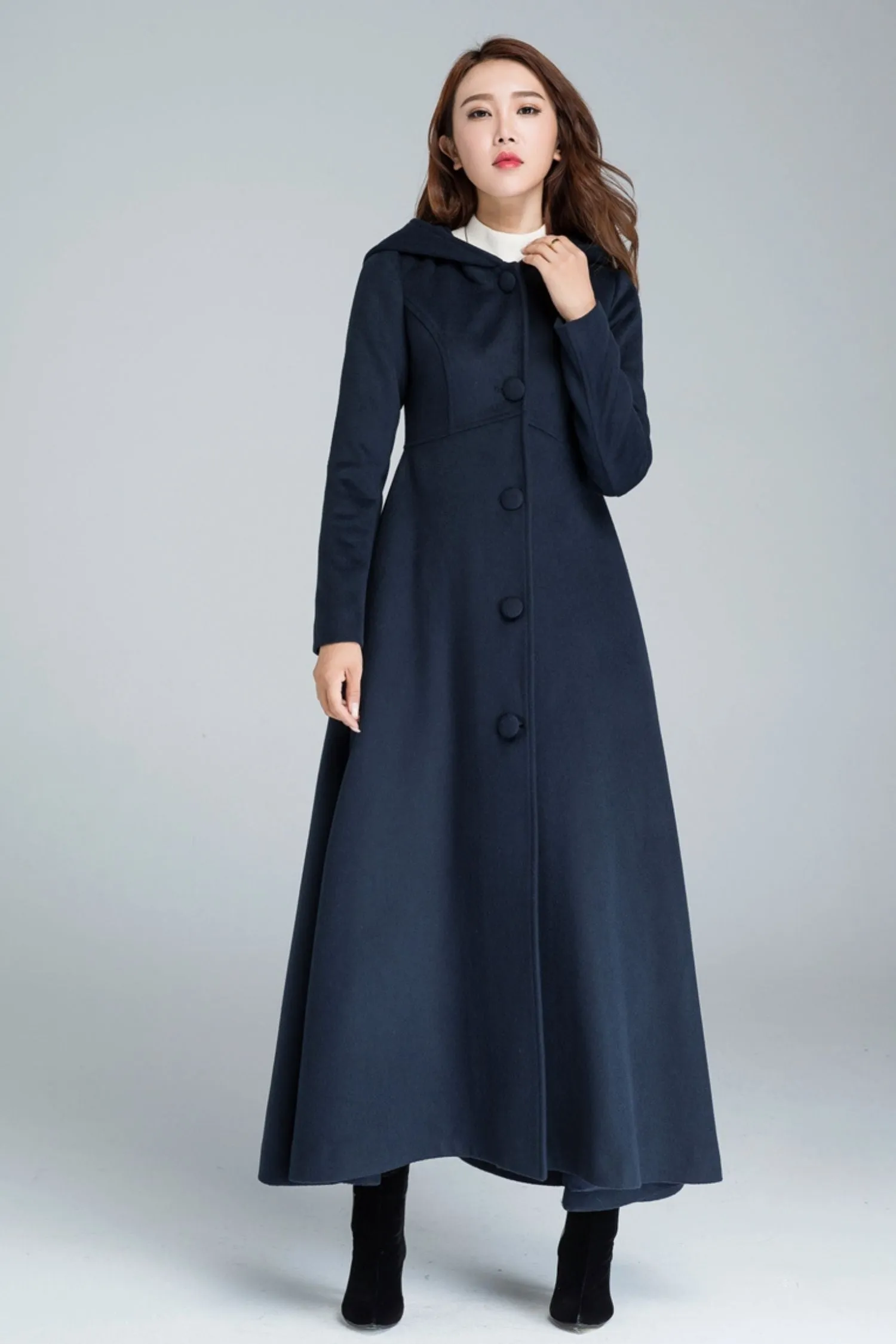 Navy blue maxi wool coat with hood 1637#