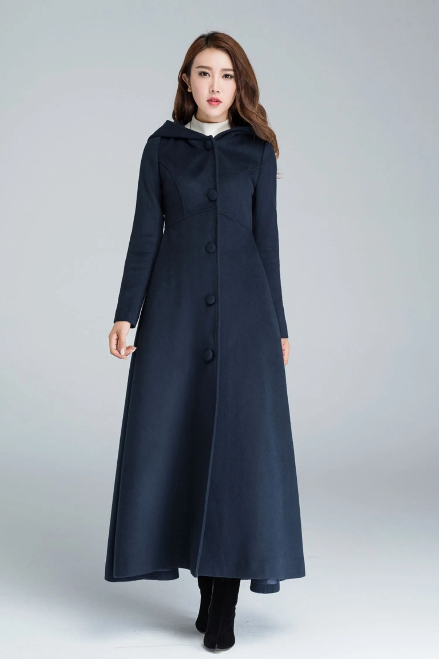 Navy blue maxi wool coat with hood 1637#