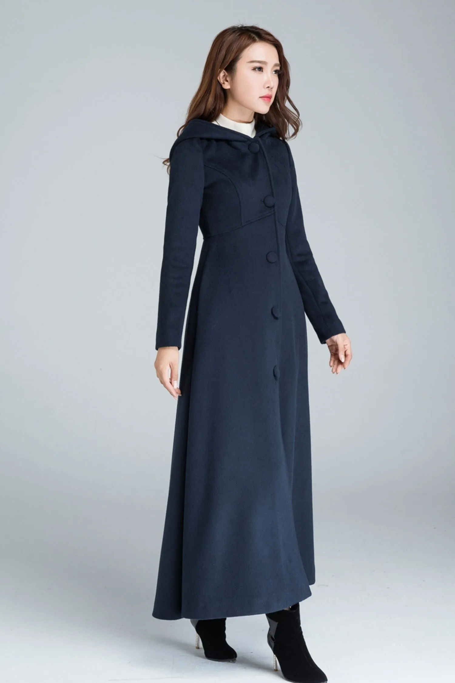 Navy blue maxi wool coat with hood 1637#