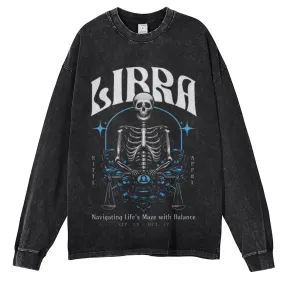 Oversized Vintage Washed Zodiac Skeleton Libra Graphic Sweatshirt