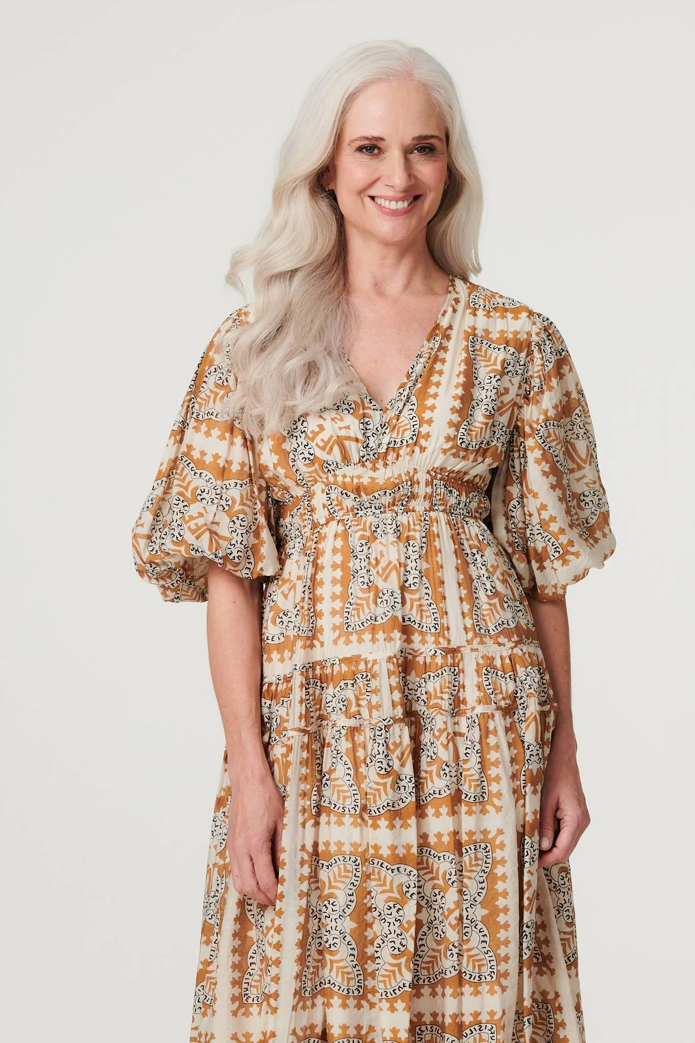 Printed Puff 1/2 Sleeve Midi Dress