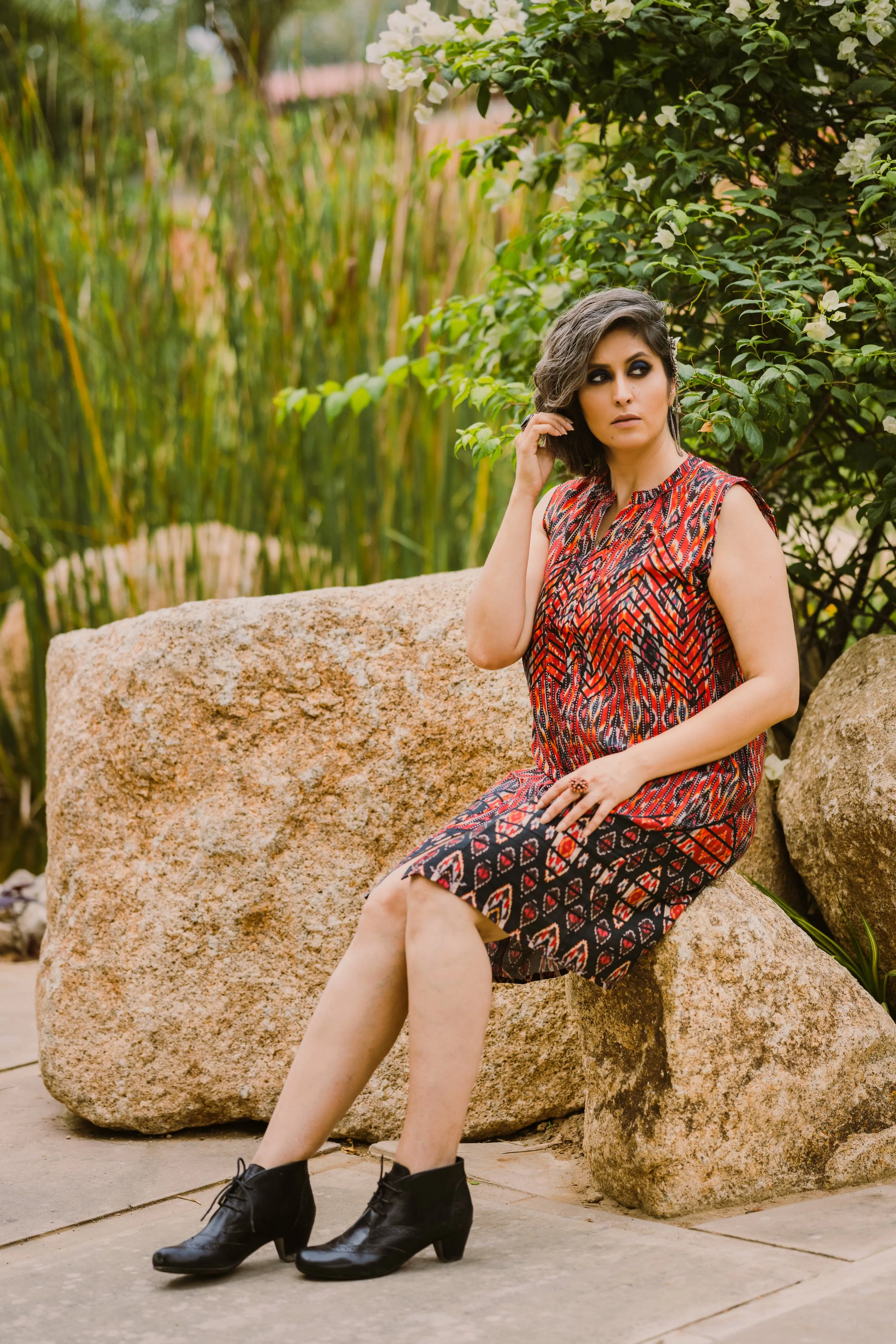 Red Geomentric Print Tunic Dress