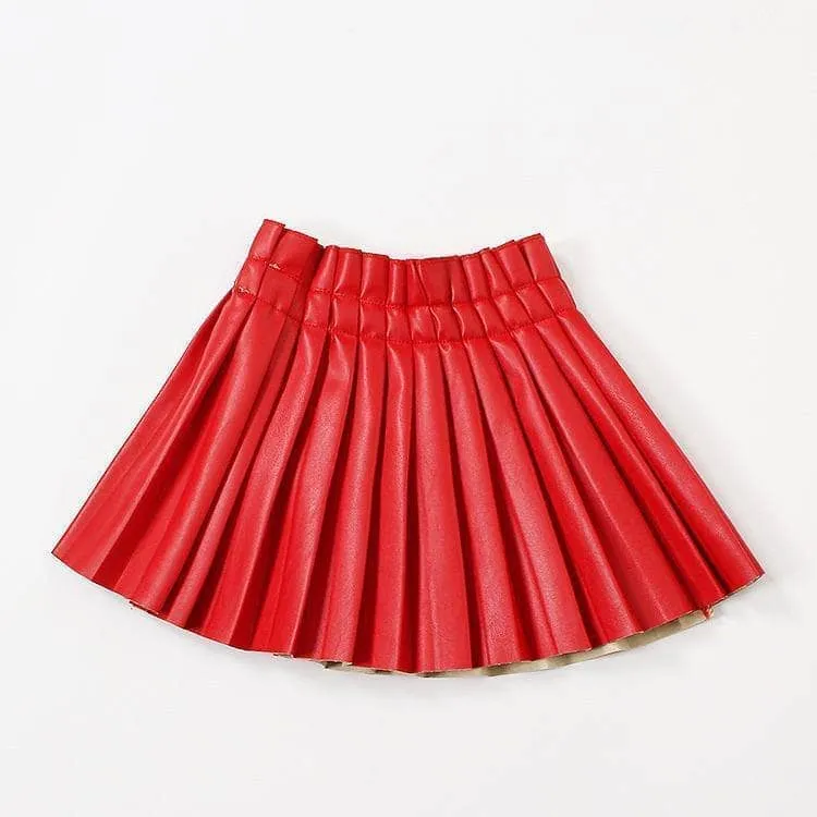 Red Pleated Vegan Leather Mini Skirt