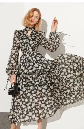 Retro pastoral print cutout design chiffon long-sleeved print dress- Rita