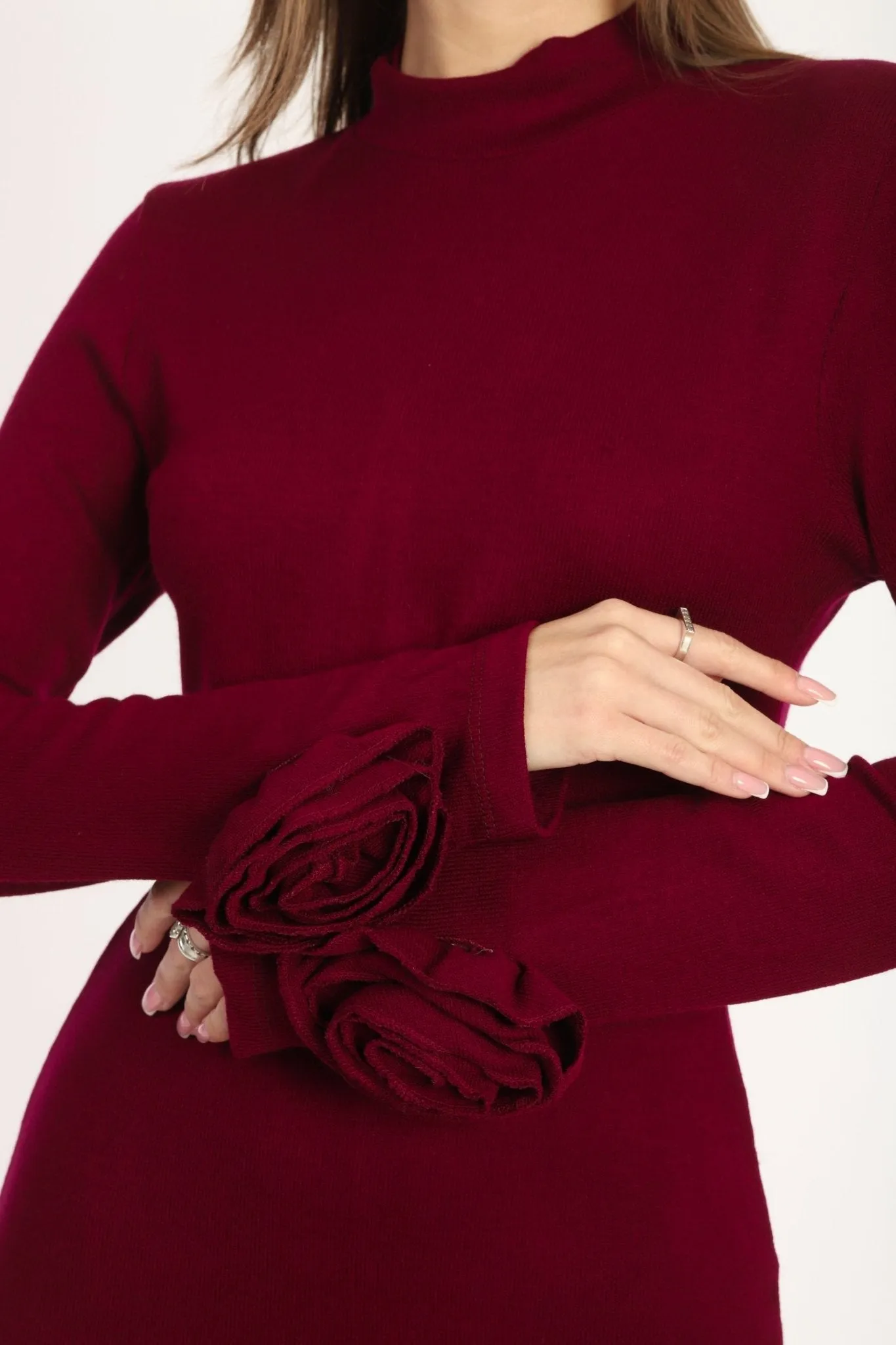 Rose Sleeve Knit Dress Burgundy