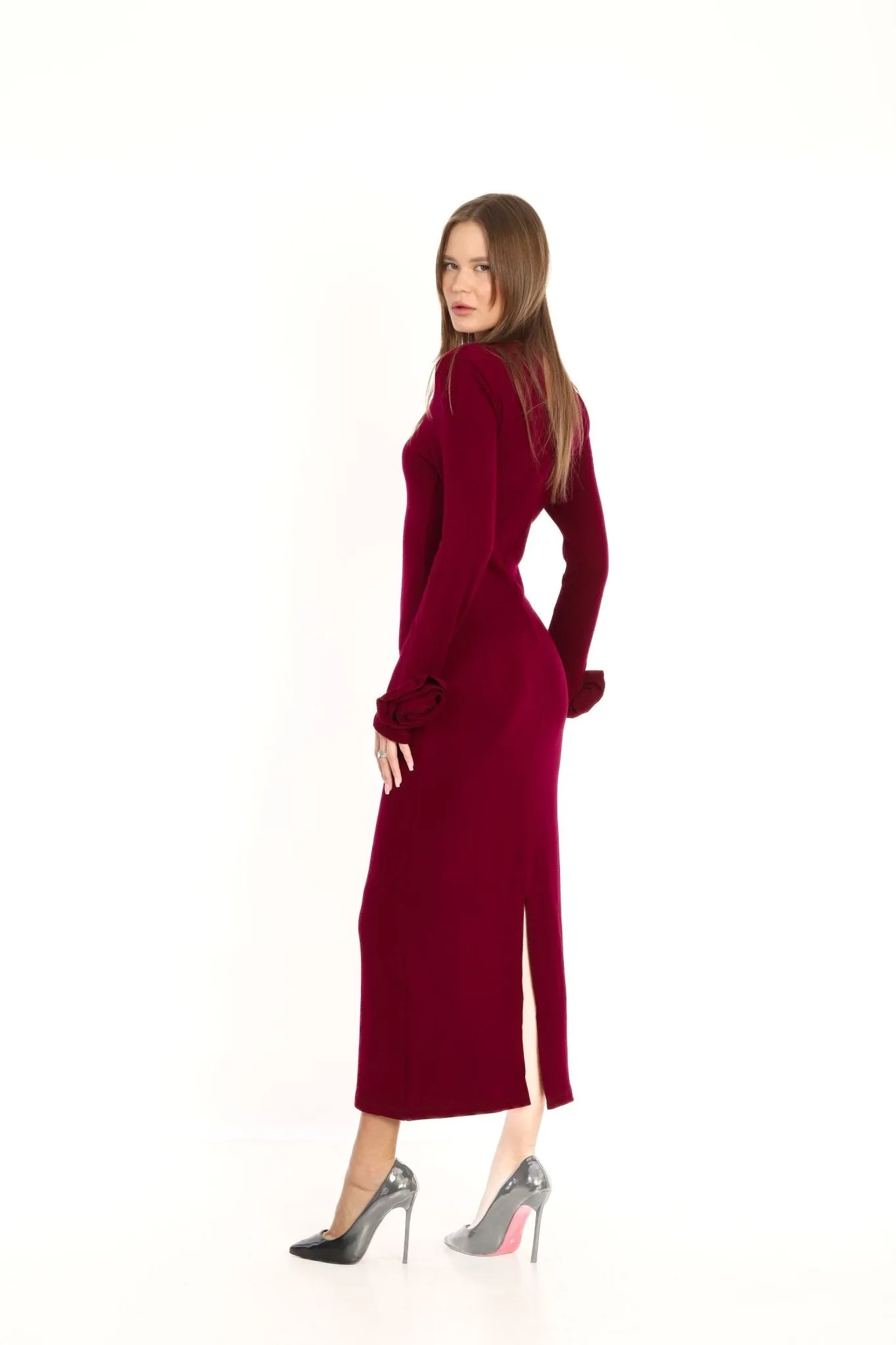 Rose Sleeve Knit Dress Burgundy