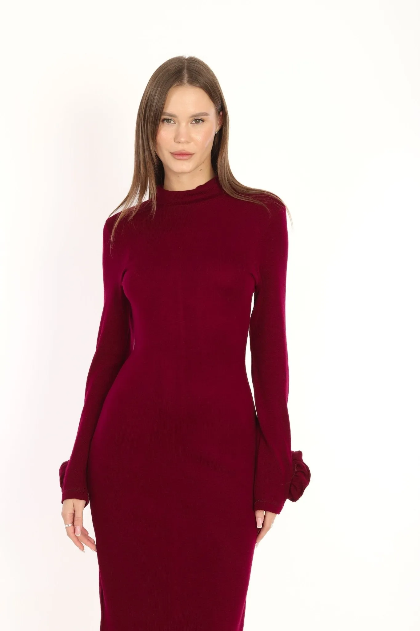 Rose Sleeve Knit Dress Burgundy