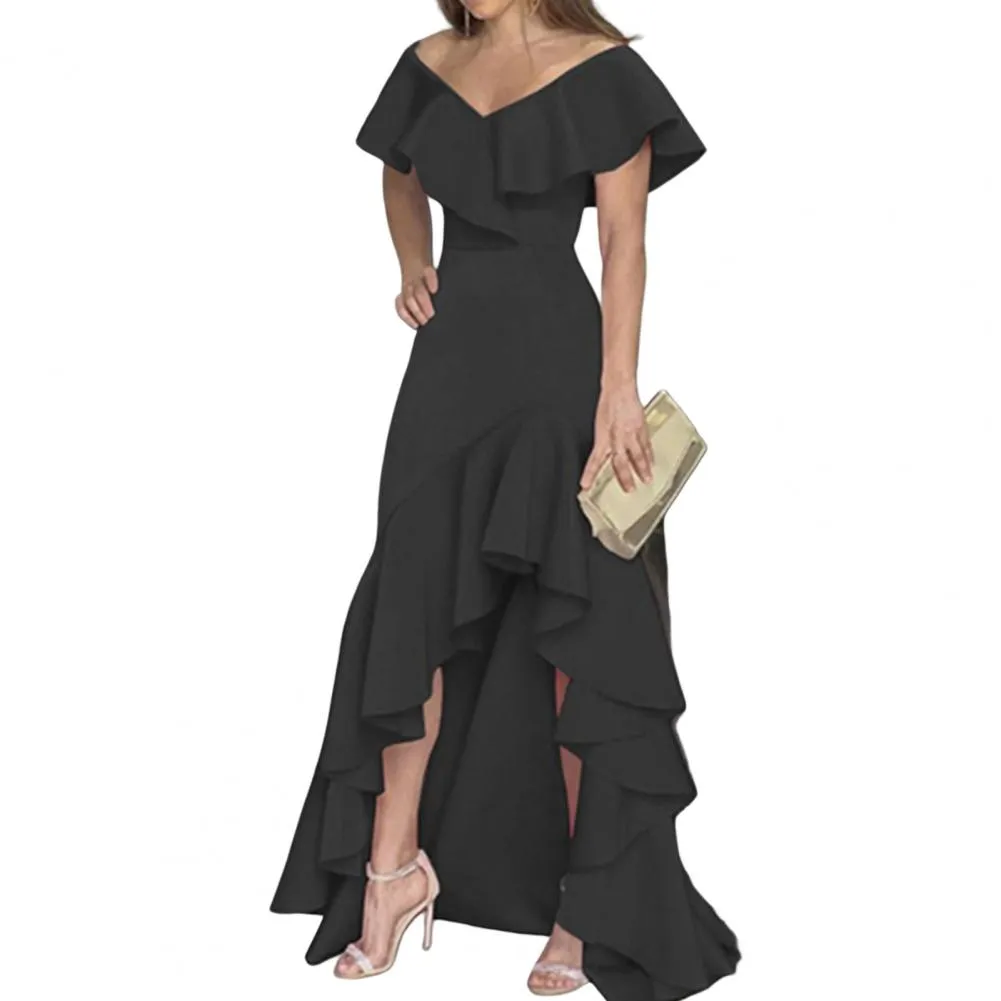 Ruffle Off Shoulder Maxi Evening Party Dress with high low hem