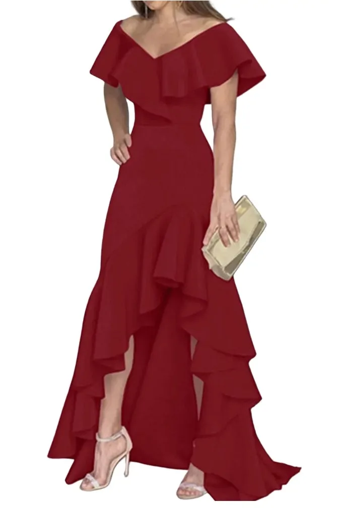 Ruffle Off Shoulder Maxi Evening Party Dress with high low hem