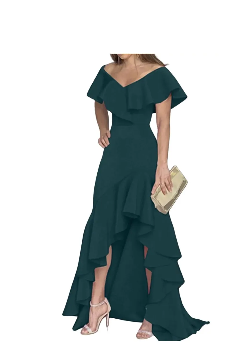 Ruffle Off Shoulder Maxi Evening Party Dress with high low hem