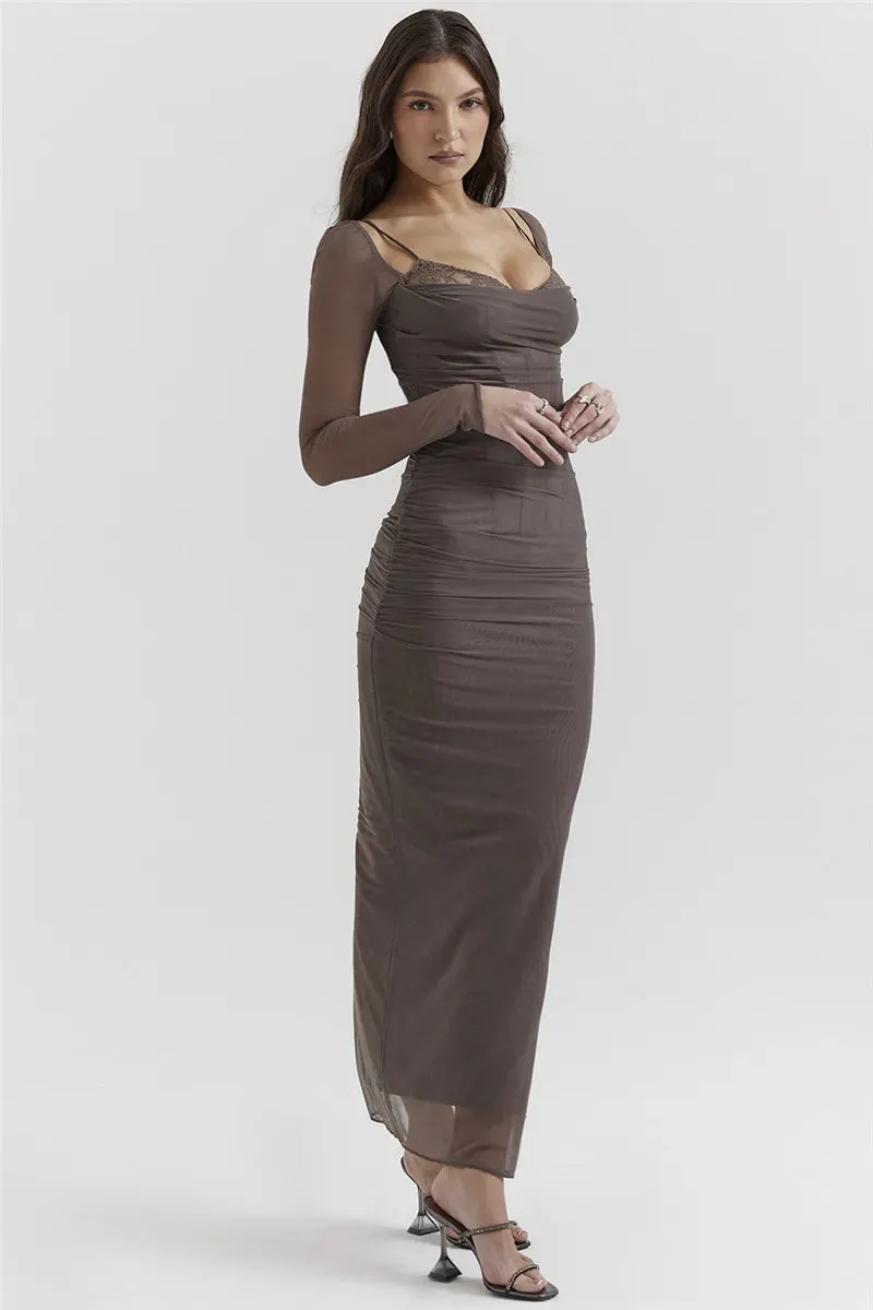 Sheer Long Sleeve Charming Bodycon Maxi Dress