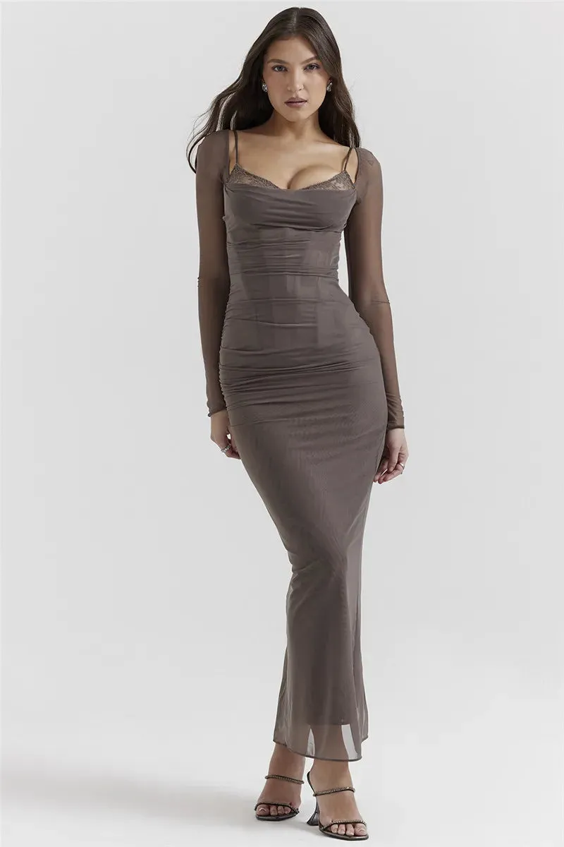 Sheer Long Sleeve Charming Bodycon Maxi Dress