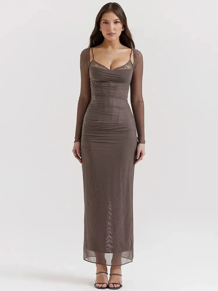 Sheer Long Sleeve Charming Bodycon Maxi Dress