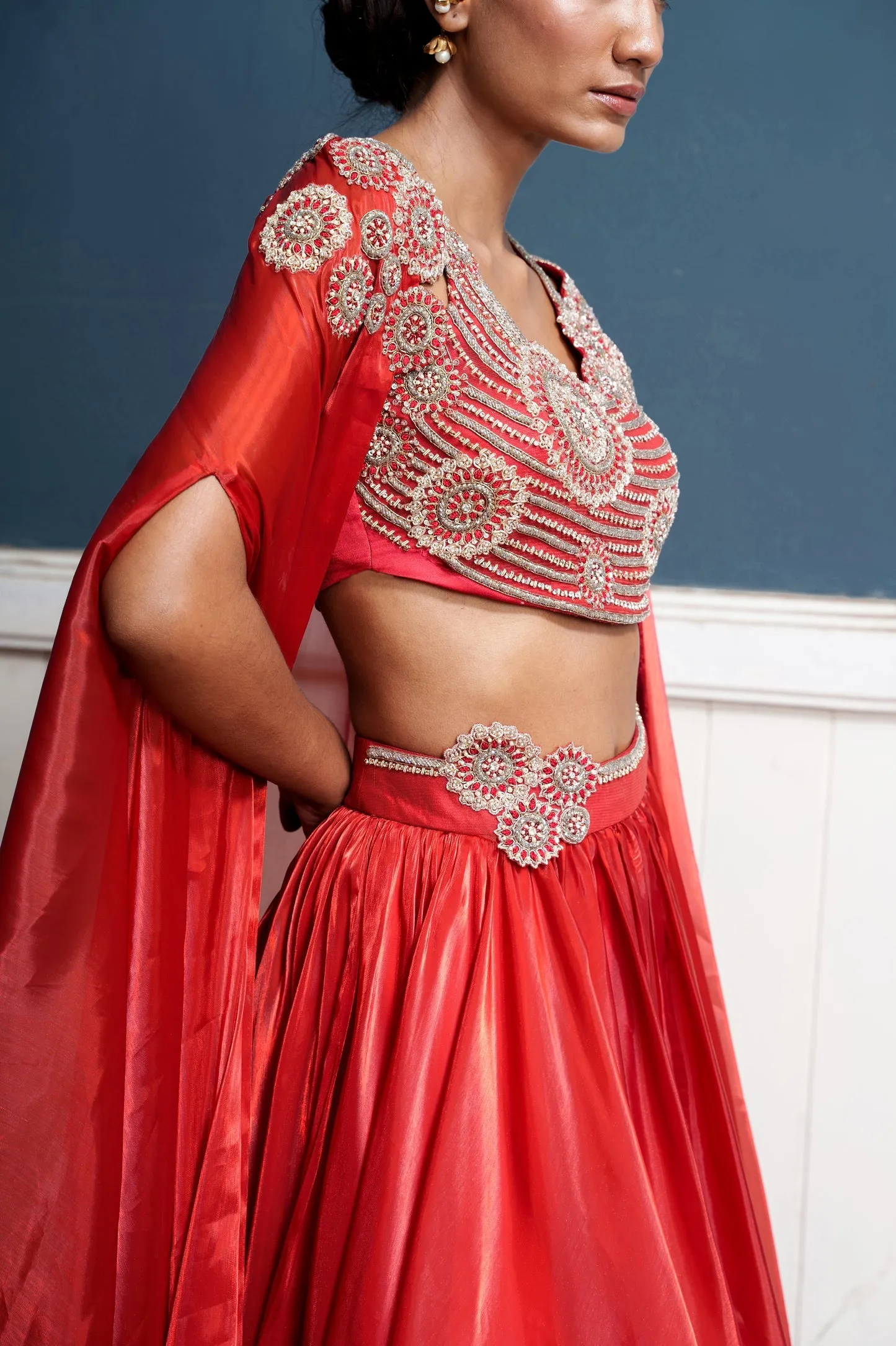 Sirius-Nakshatra Red Hand Embroidered Lehengas With Over Coat