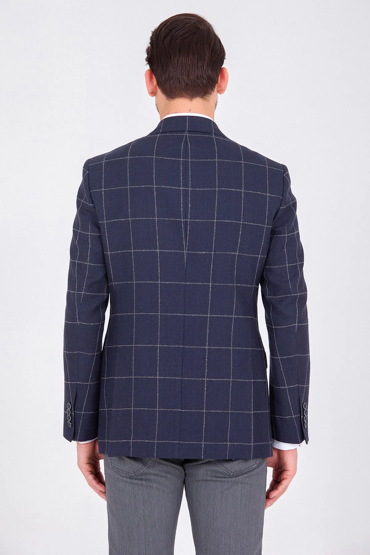 Slim Fit Notch Lapel Checked Wool & Linen Blend Dark Navy Casual Blazer, Dark Navy K.